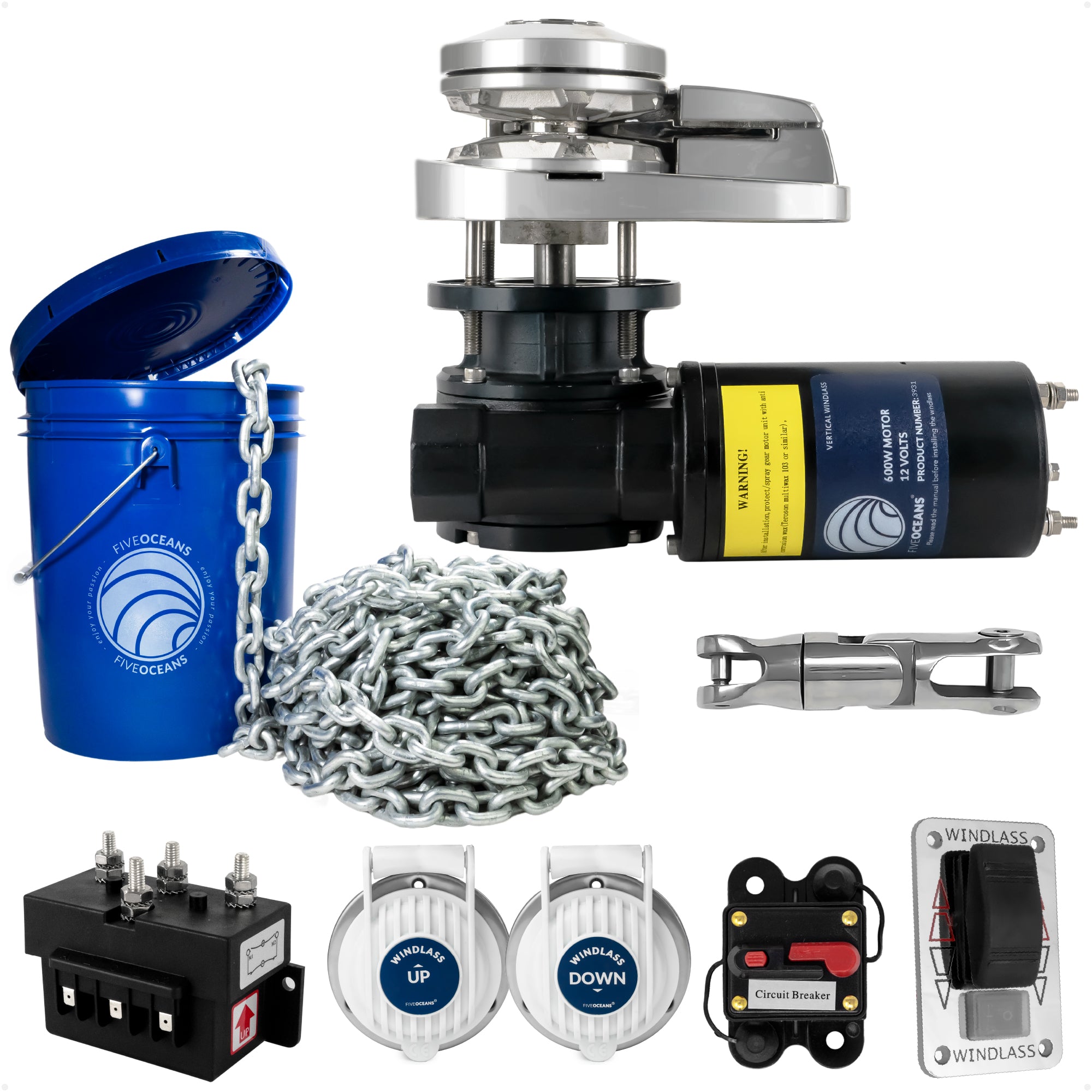 Premium Windlass Anchor Kit – 600W Vertical Windlass, 100 Ft HTG4 1/4" Galvanized Chain & Anchor Swivel - FO3931-4489-M100-KIT