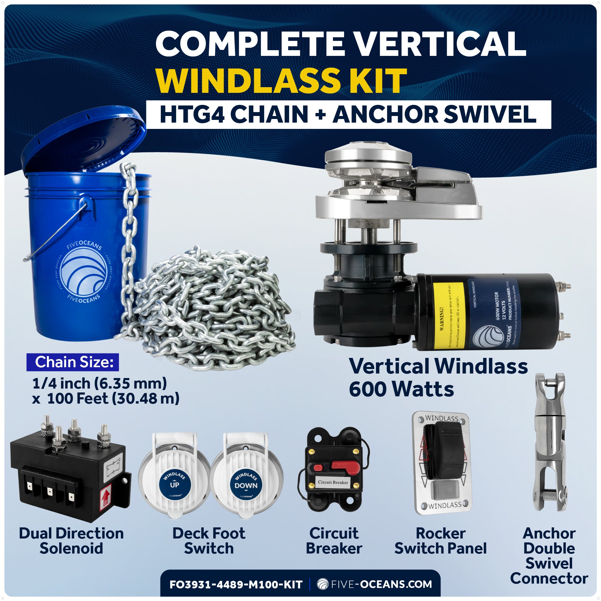 Premium Windlass Anchor Kit - 600W Vertical Windlass, 100 Ft HTG4 1/4" Galvanized Chain & Anchor Swivel - FO3931-4489-M100-KIT