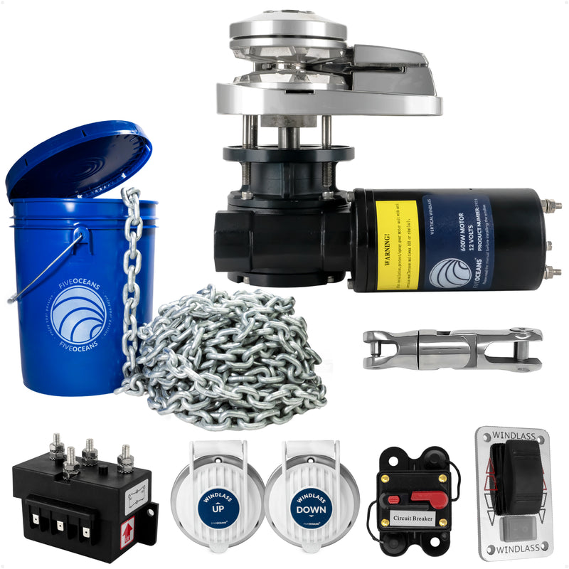 Vertical Windlass Kit 600W with 150' Galvanized Chain - FO3931-4489-M150-KIT - Five Oceans