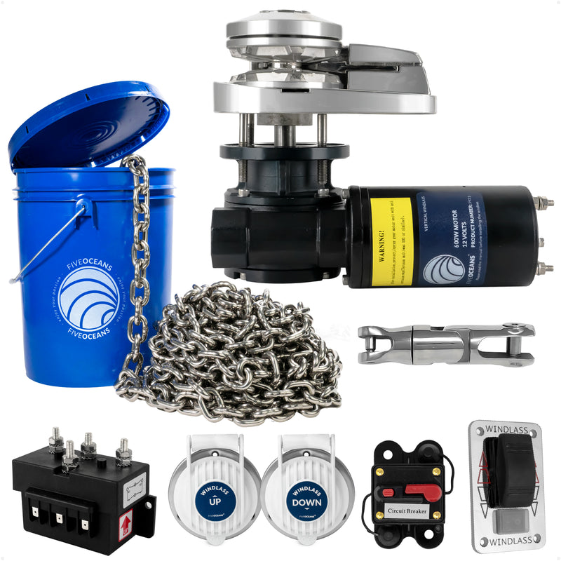 Pacific 600 Series Vertical Windlass Kit, 12V DC, with 1/4" Stainless Steel Chain - Five Oceans
