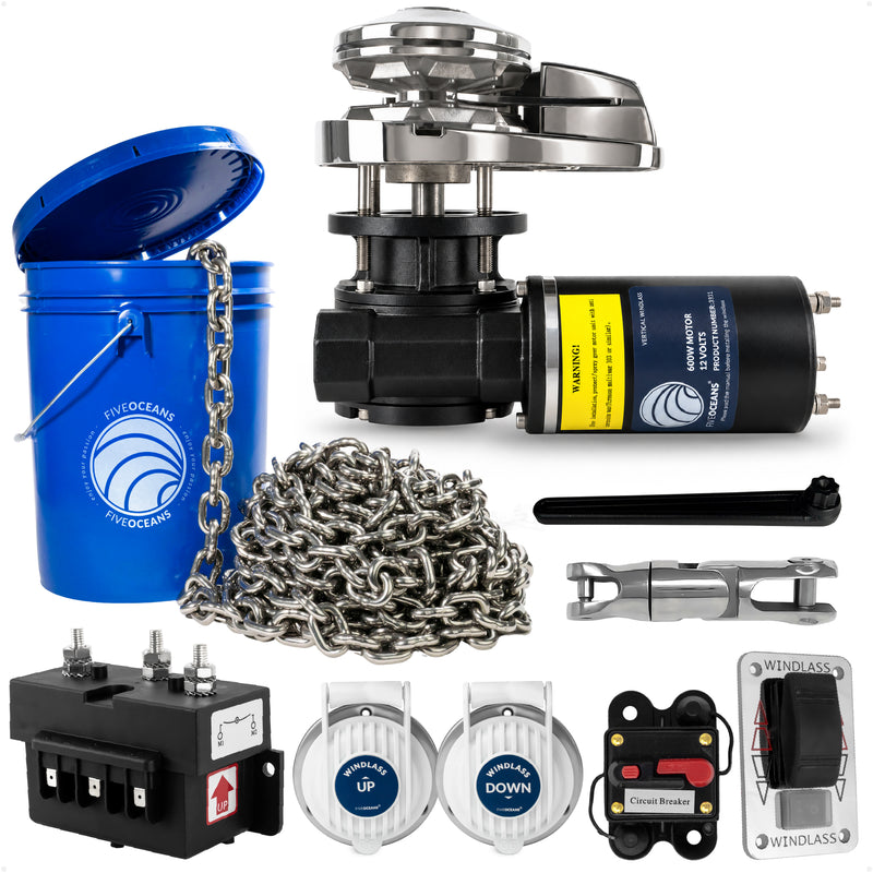Pacific 600 Series Vertical Windlass Kit, 12V DC, with 1/4" Stainless Steel Chain