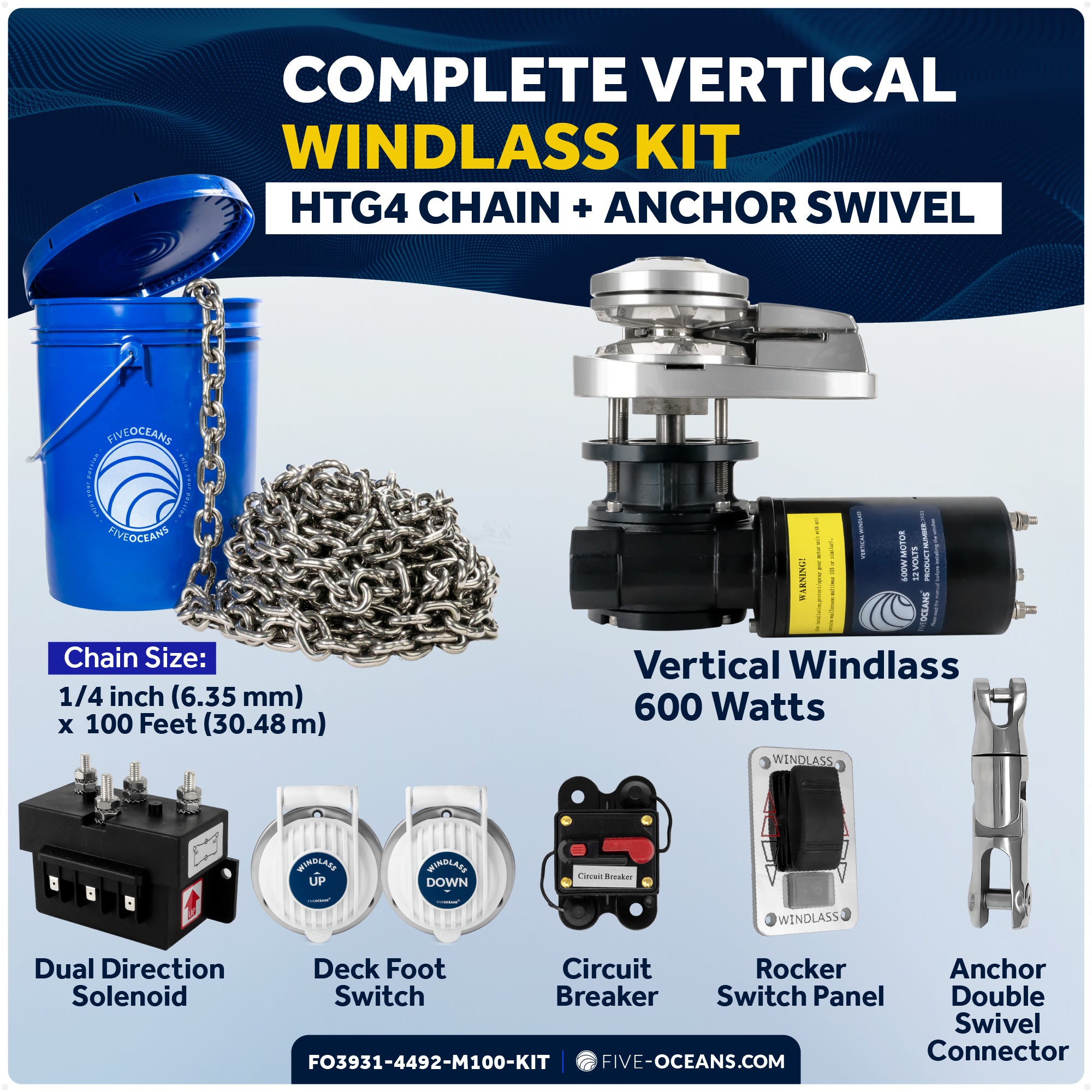 Premium Windlass Anchor Kit - 600W Vertical Windlass, 100 Ft HTG4 1/4" Galvanized Chain & Anchor Swivel - FO3931-4492-M100-KIT