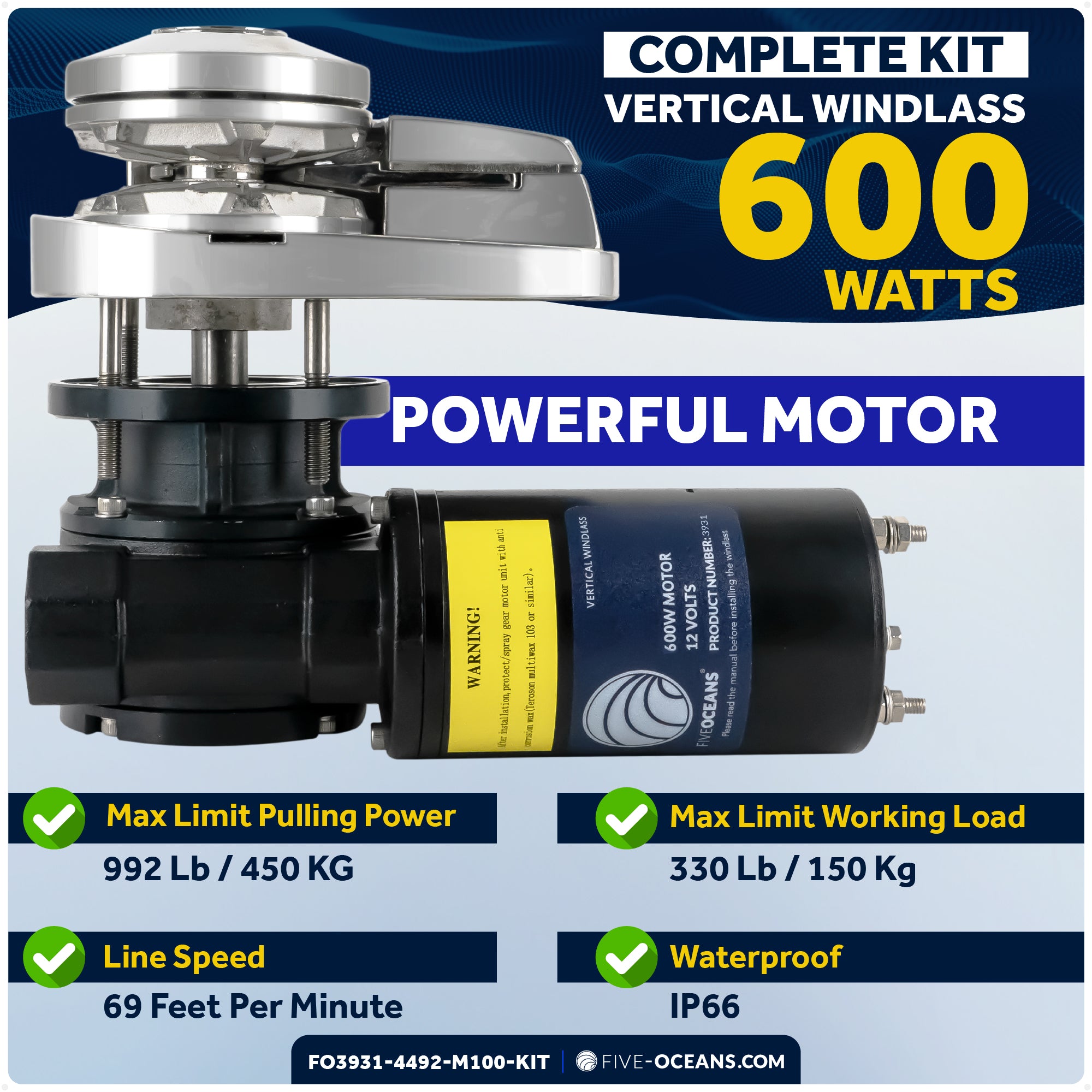 Vertical Windlass 600W with 100' Stainless Steel Chain - FO3931-4492-M100-KIT - Five Oceans