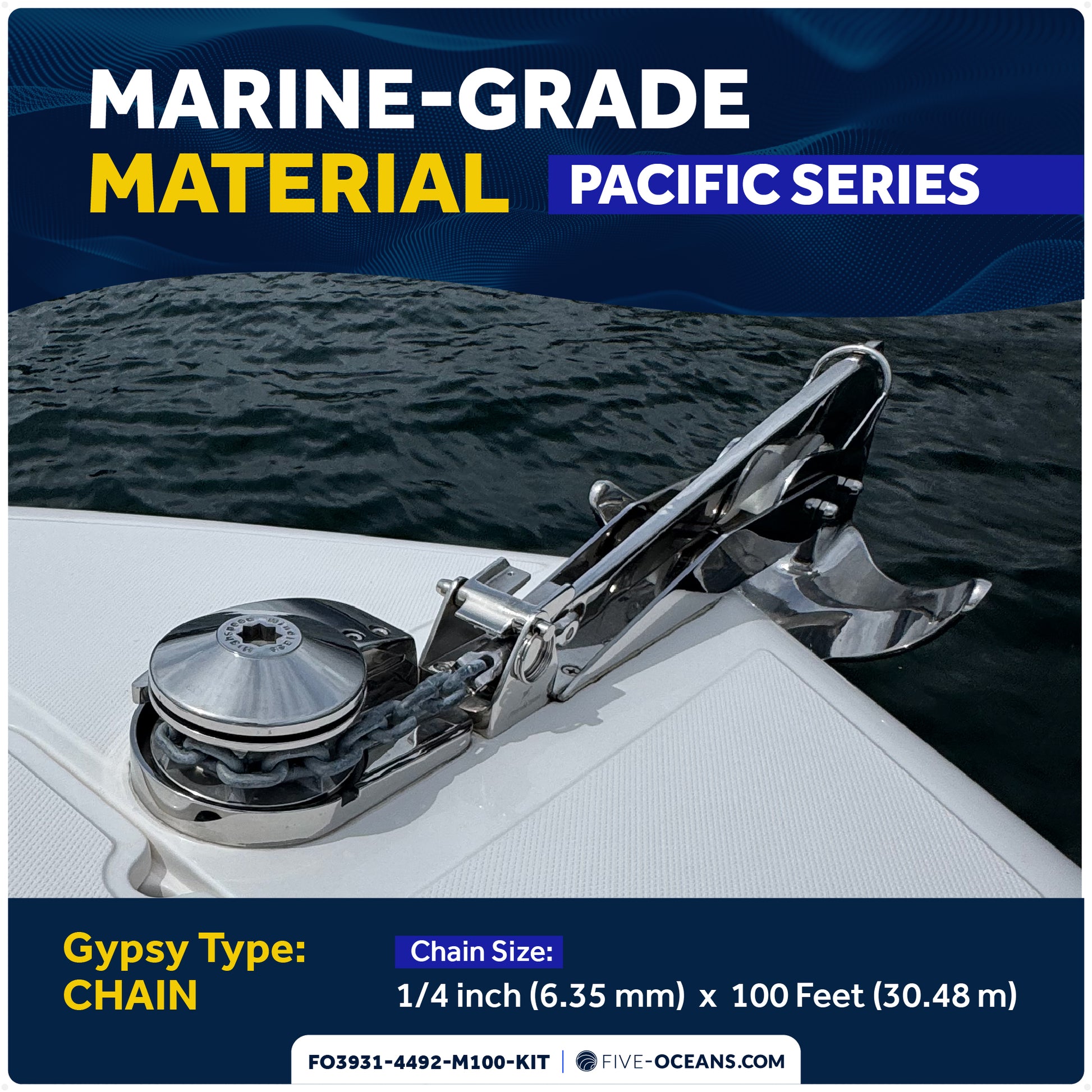 Vertical Windlass 600W with 100' Stainless Steel Chain - FO3931-4492-M100-KIT - Five Oceans