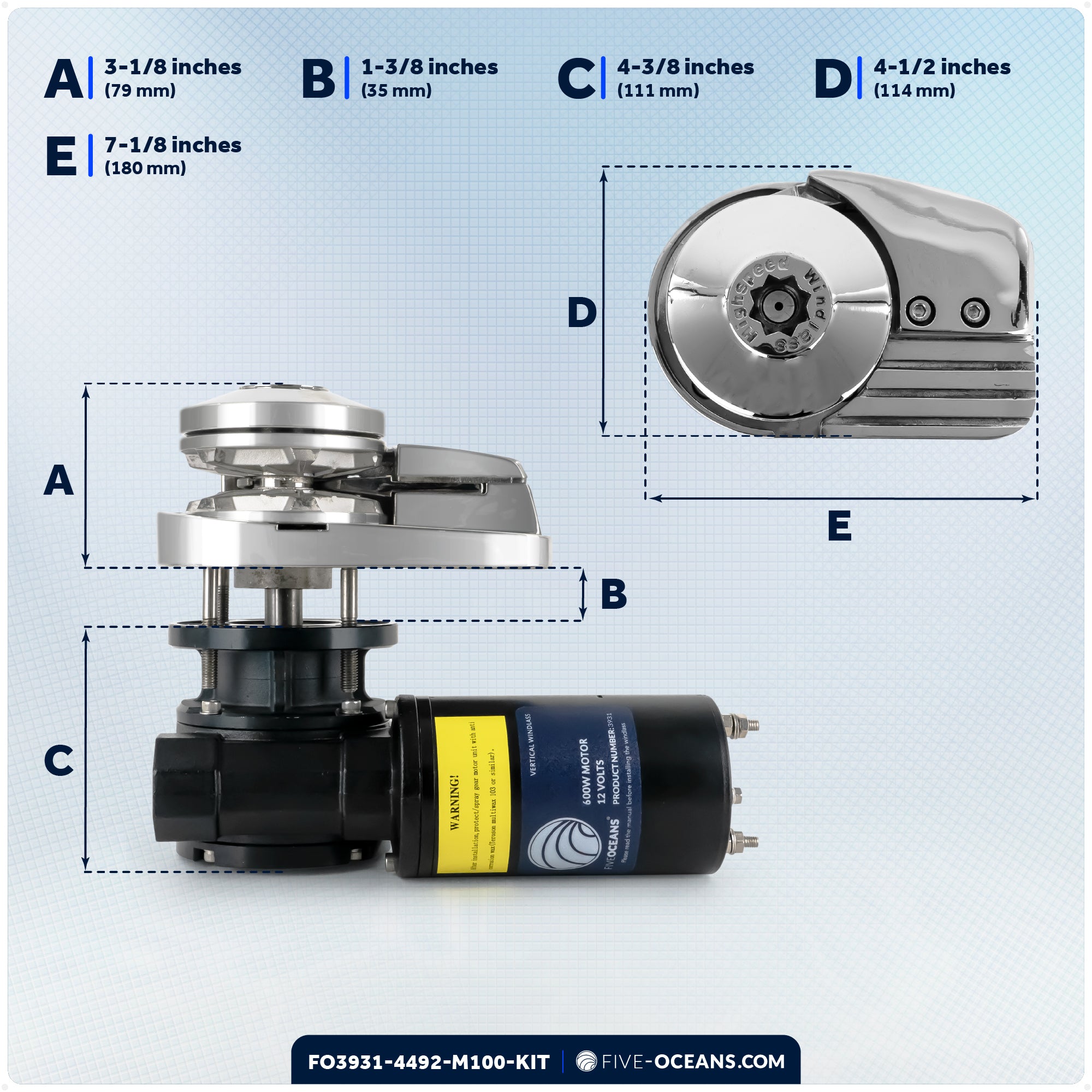Premium Windlass Anchor Kit - 600W Vertical Windlass, 100 Ft HTG4 1/4" Galvanized Chain & Anchor Swivel - FO3931-4492-M100-KIT