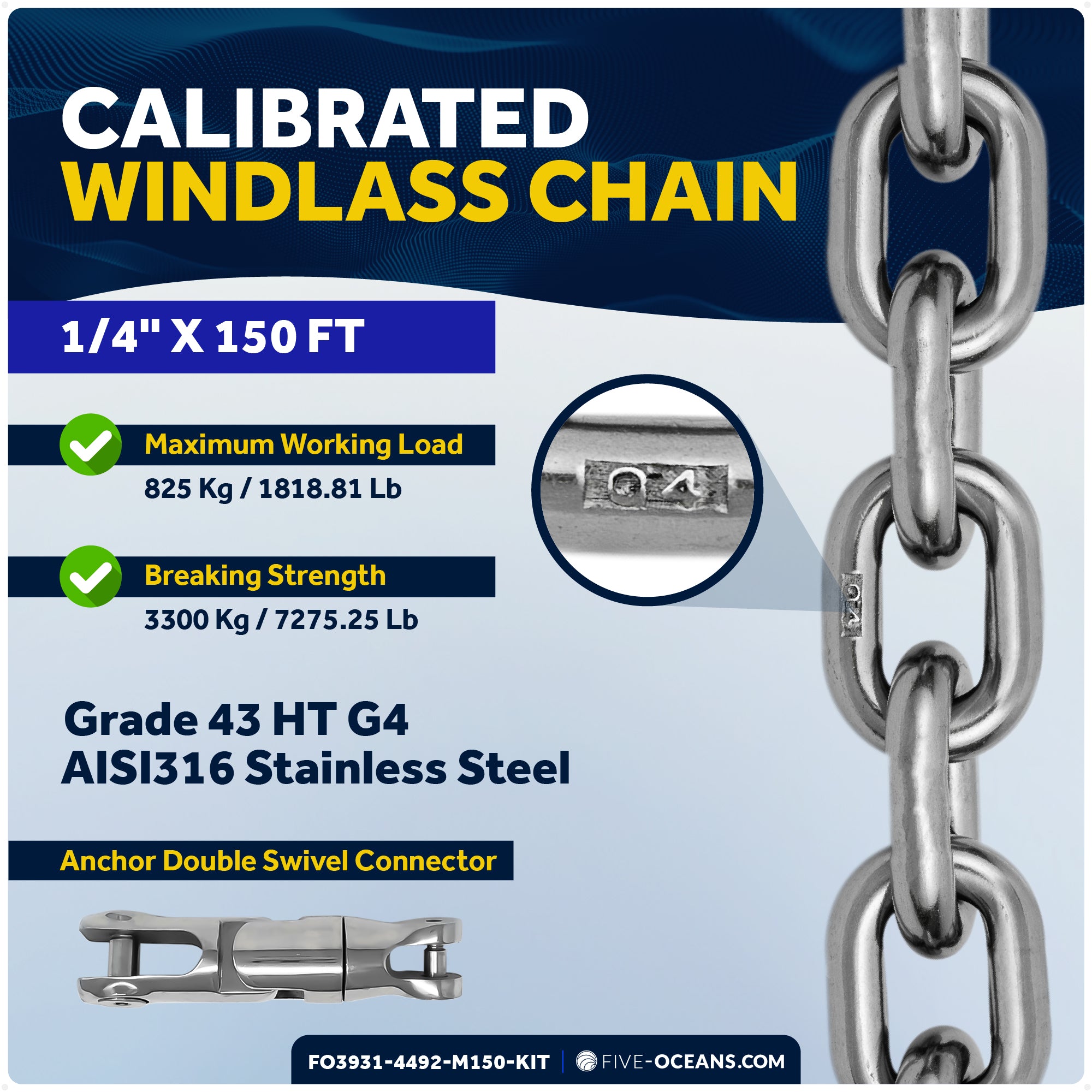 Premium Windlass Anchor Kit - 600W Vertical Windlass, 150 Ft HTG4 1/4" Galvanized Chain & Anchor Swivel - FO3931-4492-M150-KIT