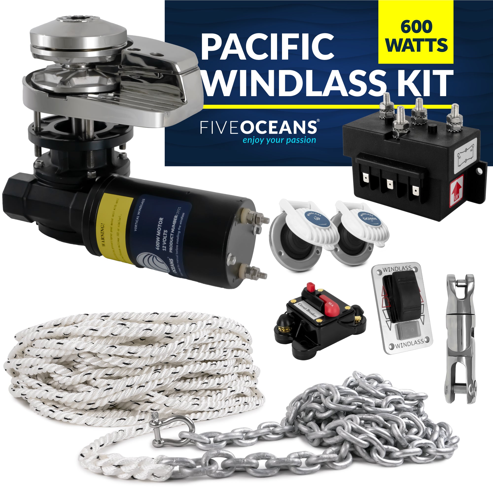 Pacific Windlass Kit, Vertical 600 Watts, 12V DC, 3-Strand Rope, Galvanized Steel HT G4 Chain, Swivel and Shackle - FO3931-C1