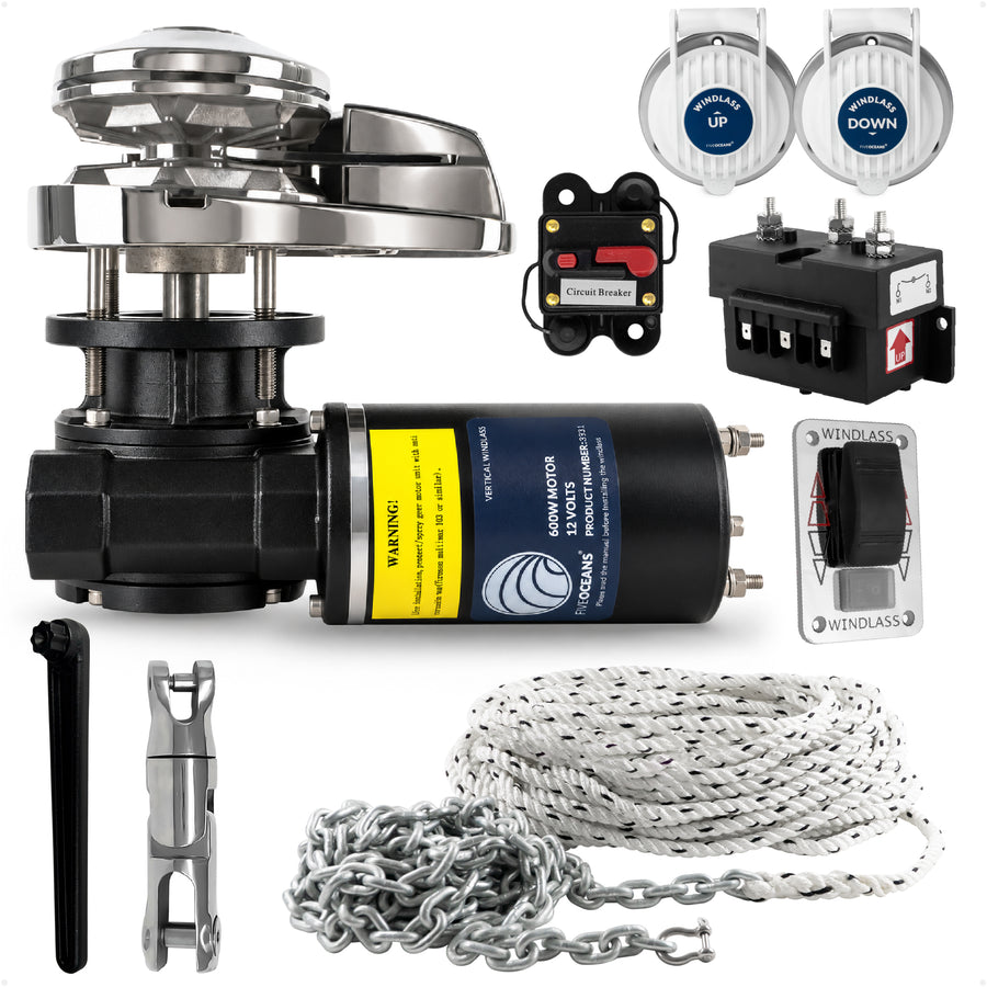 Pacific 600 Series Vertical Windlass Kit, 12V DC, with Anchor Rode & Swivel