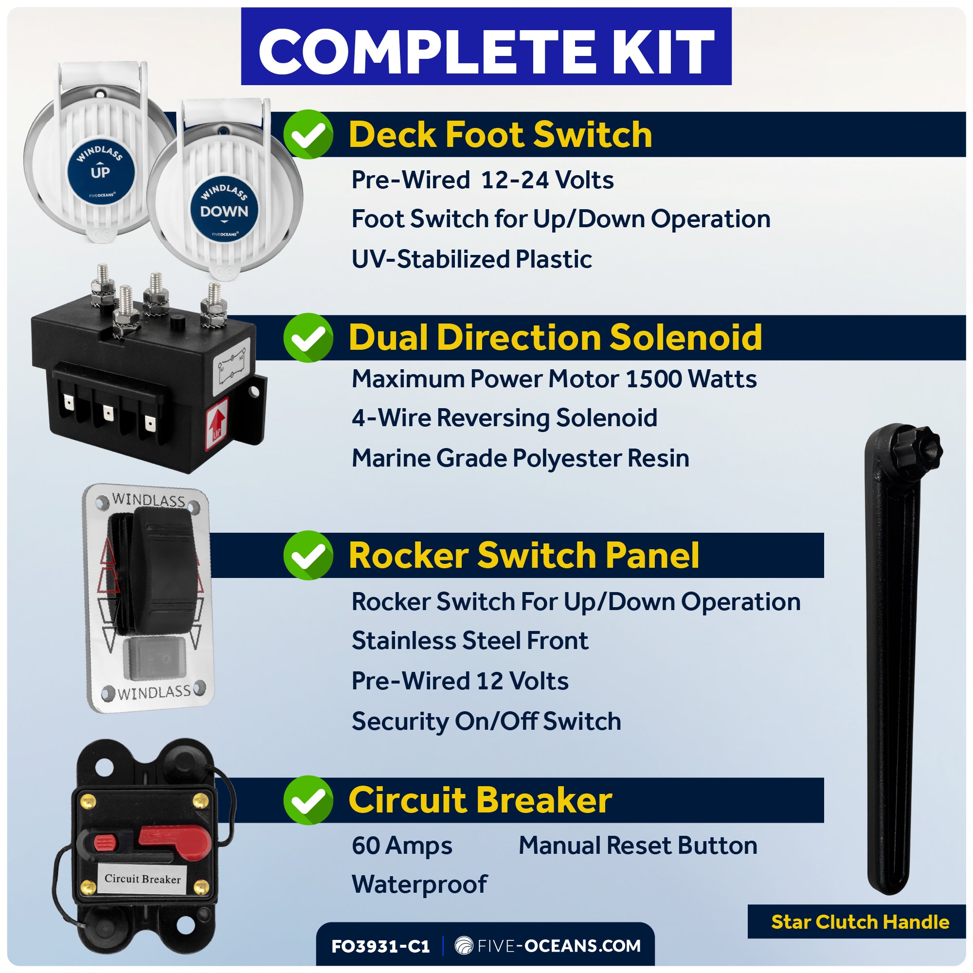 Pacific Windlass Kit, Vertical 600 Watts, 12V DC, 3-Strand Rope, Galvanized Steel HT G4 Chain, Swivel and Shackle - FO3931-C1 - Five Oceans