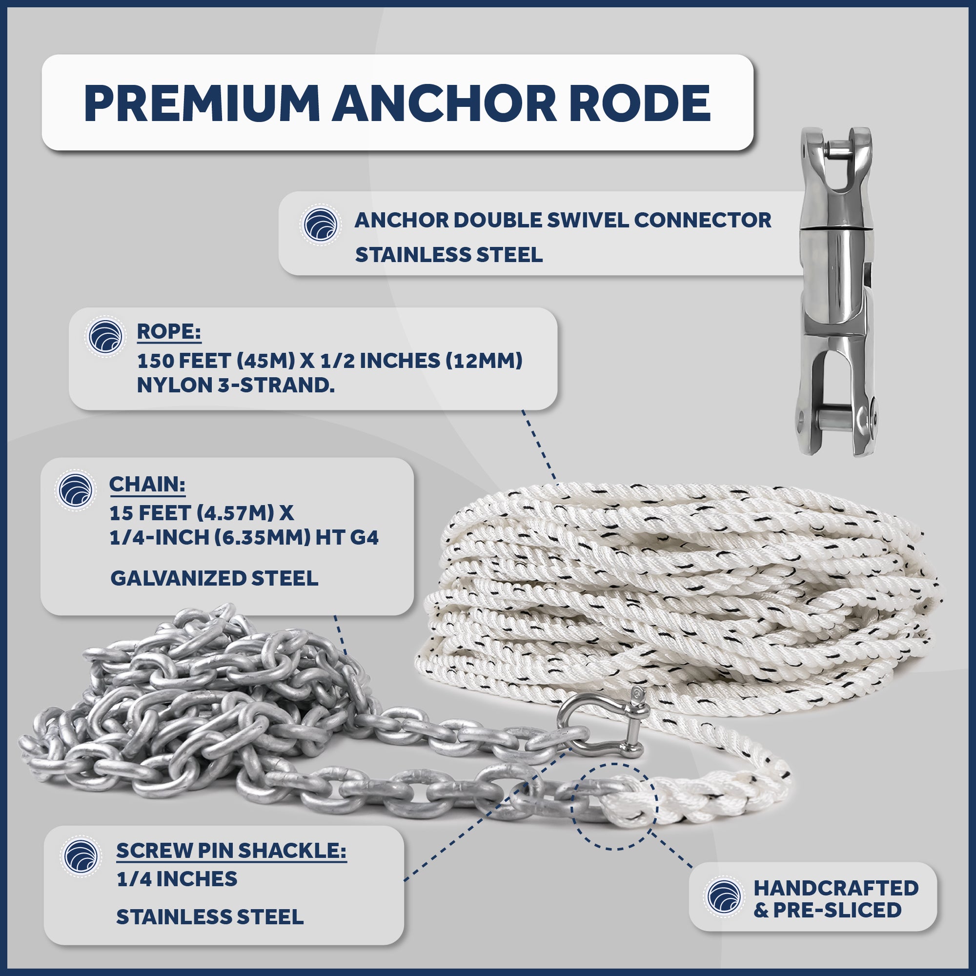 Pacific Windlass Kit, Vertical 600 Watts, 12V DC, 3-Strand Rope, Galvanized Steel HT G4 Chain, Swivel and Shackle - FO3931-C1