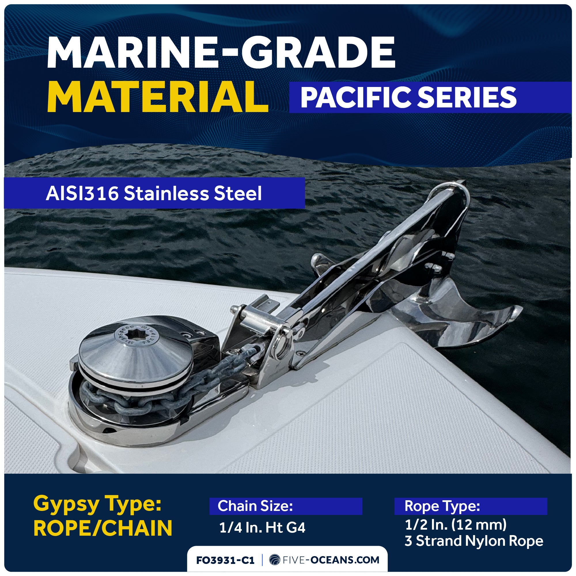 Pacific Windlass Kit, Vertical 600 Watts, 12V DC, 3-Strand Rope, Galvanized Steel HT G4 Chain, Swivel and Shackle - FO3931-C1 - Five Oceans