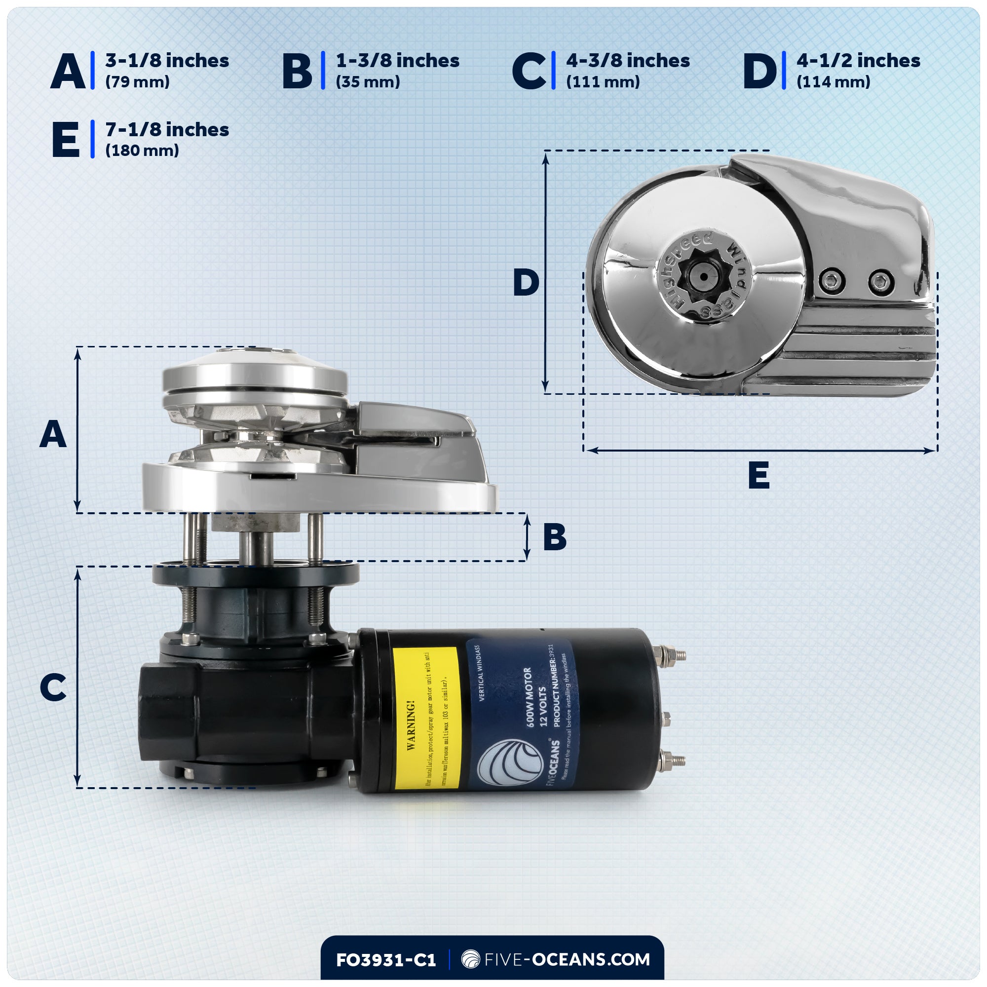 Pacific Windlass Kit, Vertical 600 Watts, 12V DC, 3-Strand Rope, Galvanized Steel HT G4 Chain, Swivel and Shackle - FO3931-C1 - Five Oceans