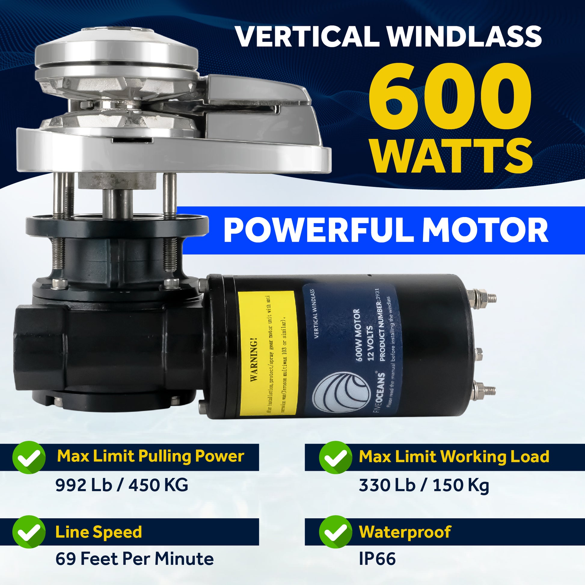 Pacific Windlass Kit, Vertical 600 Watts, 12V DC, 3-Strand Rope, Galvanized Steel HT G4 Chain, Swivel and Shackle - FO3931-C3 - Five Oceans