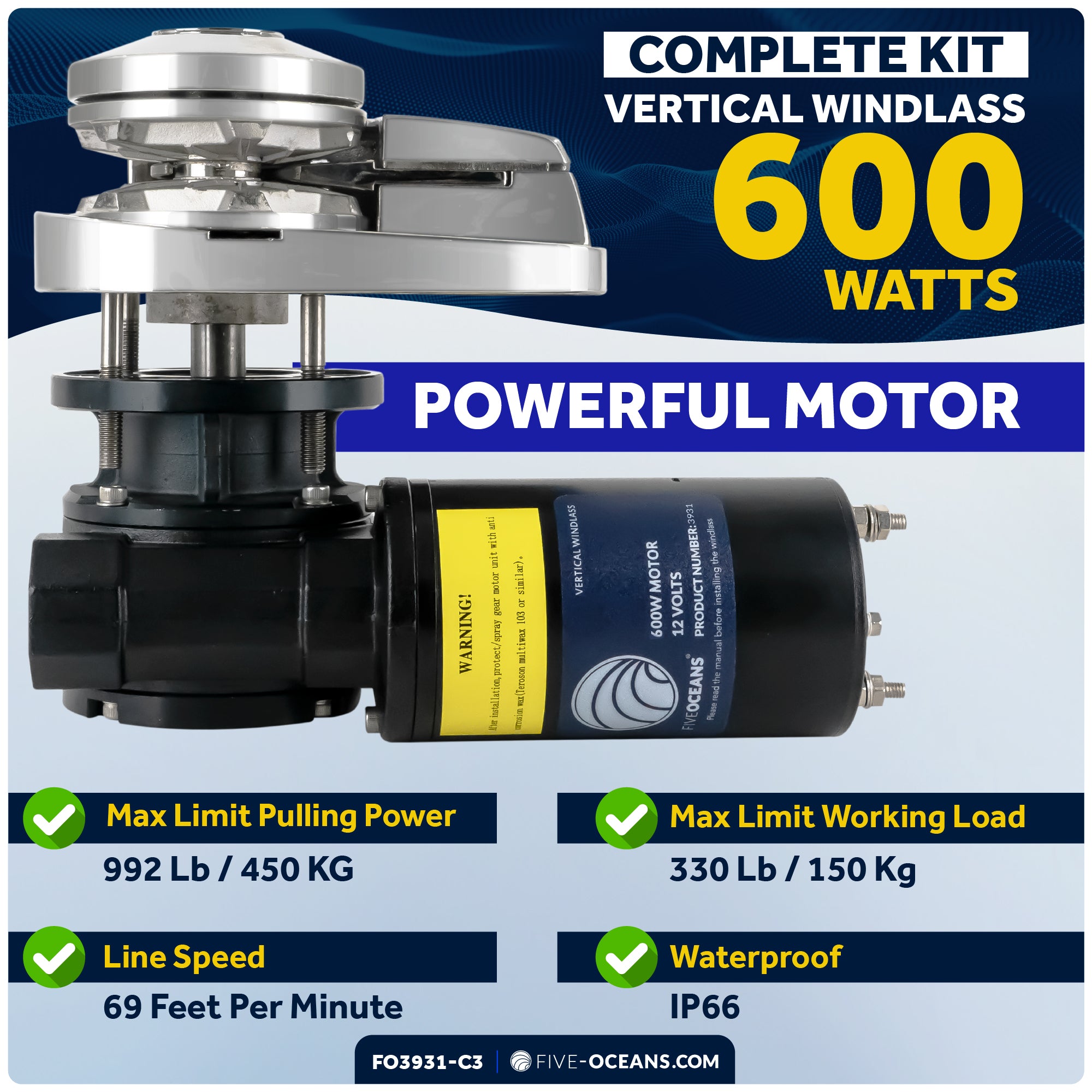Pacific Windlass Kit, Vertical 600 Watts, 12V DC, 3-Strand Rope, Galvanized Steel HT G4 Chain, Swivel and Shackle - FO3931-C3