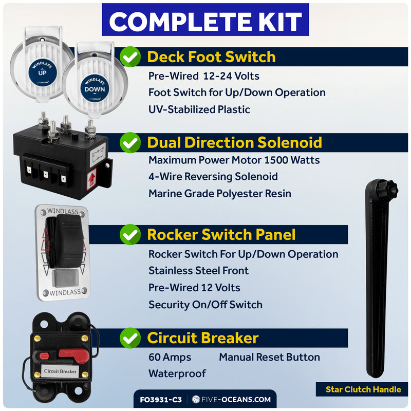 Vertical Windlass Kit 600W, 12V with Anchor Rode & Swivel - FO3931-C3 - Five Oceans