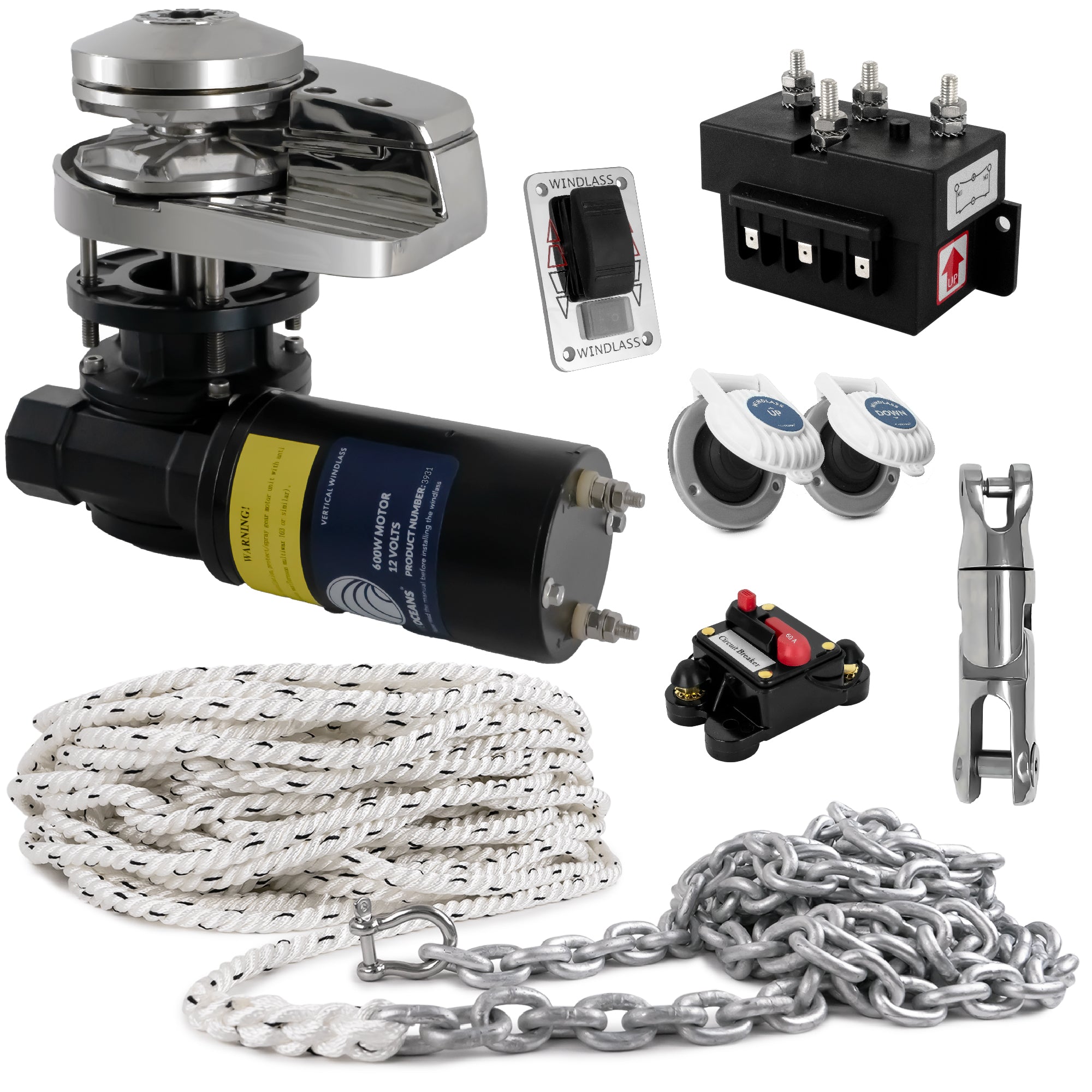 Pacific Windlass Kit, Vertical 600 Watts, 12V DC, 3-Strand Rope, Galvanized Steel HT G4 Chain, Swivel and Shackle - FO3931-C3