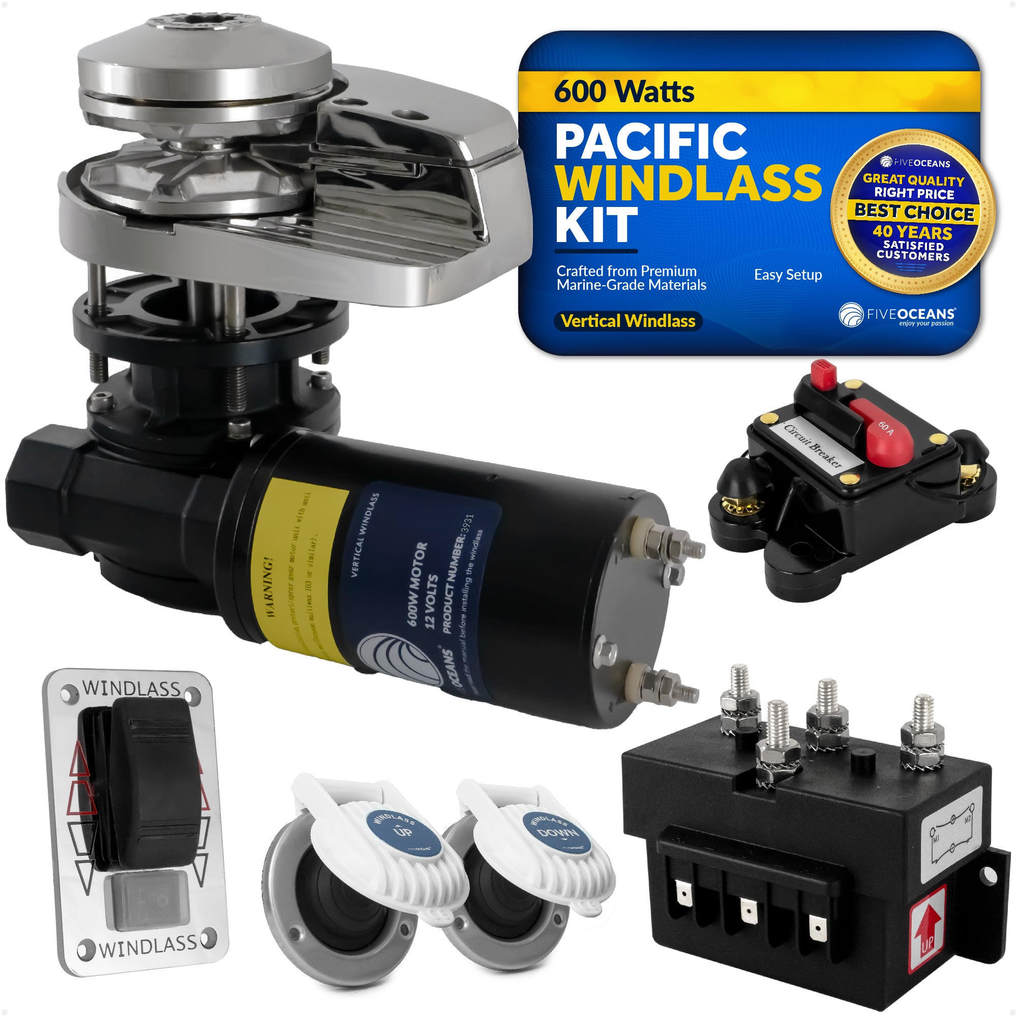 Pacific Windlass Kit, 1/4" HTG4 Chain - 1/2" Rope, Vertical 600 Watts, 12V DC - FO3931 - Five Oceans