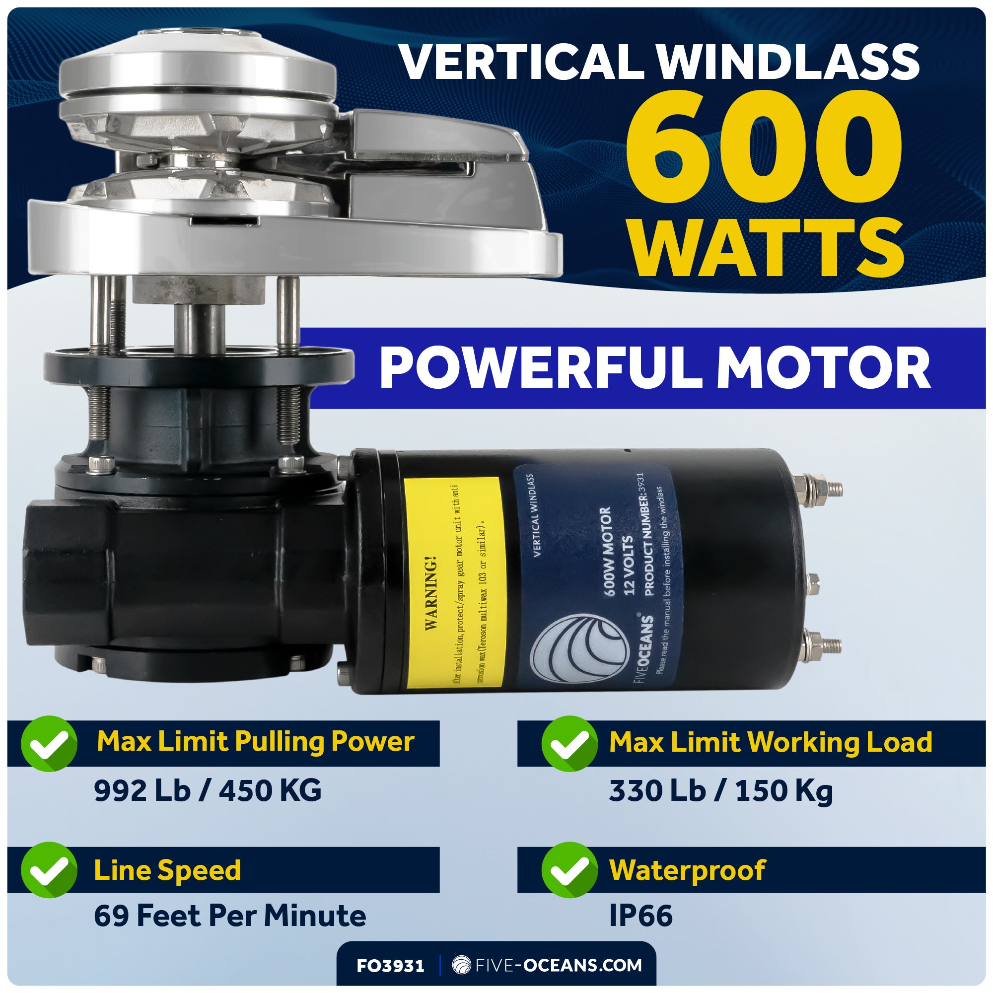 Pacific Windlass Kit - Compatible with 1/4" HTG4 Chain & 1/2" Rope, Vertical 600W 12V DC - FO3931