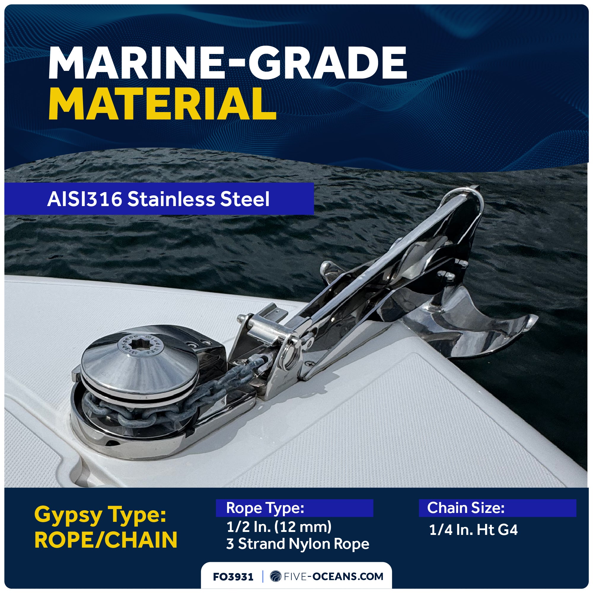 Pacific Windlass Kit - Compatible with 1/4" HTG4 Chain & 1/2" Rope, Vertical 600W 12V DC - FO3931