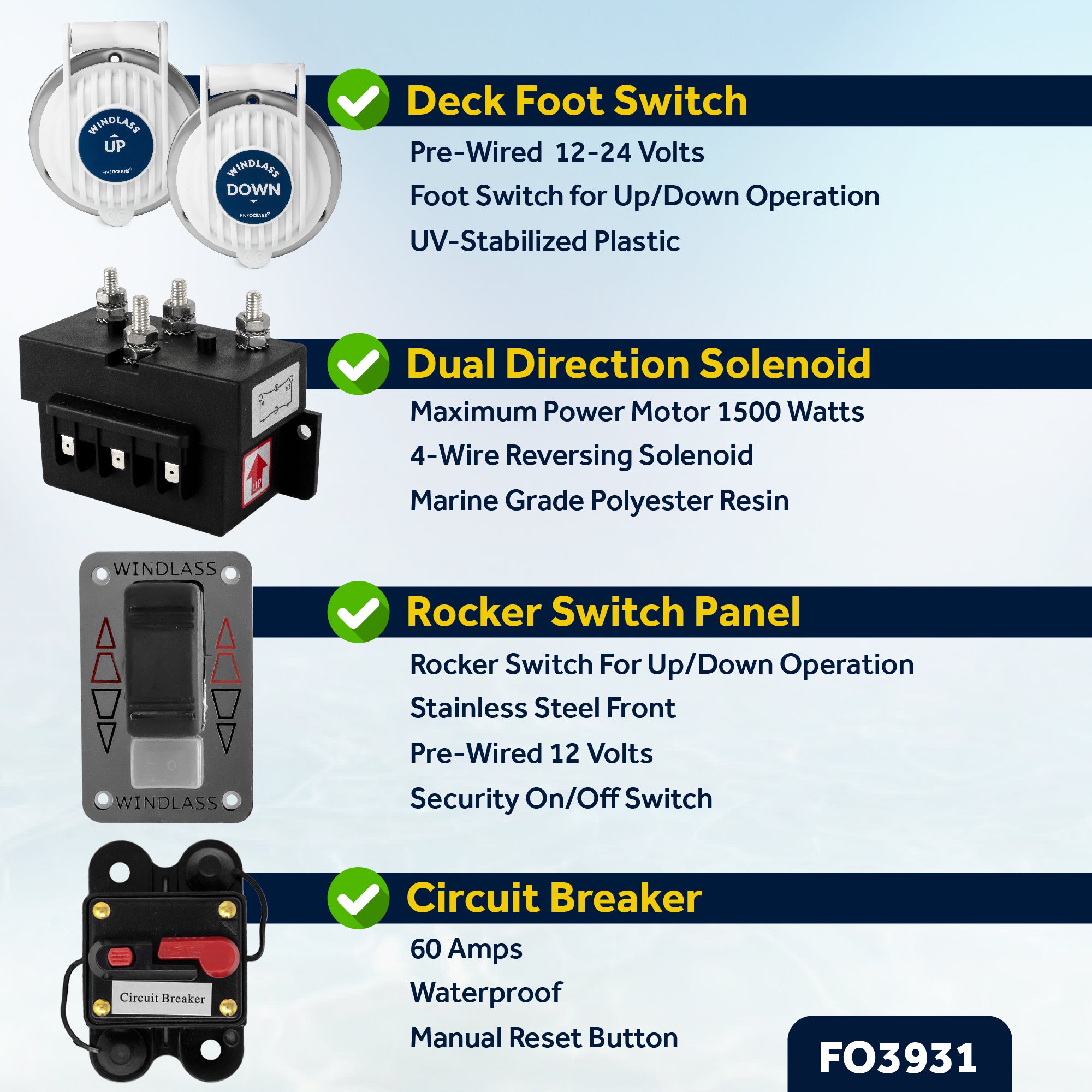 Pacific Windlass Kit, 1/4" HTG4 Chain - 1/2" Rope, Vertical 600 Watts, 12V DC - FO3931 - Five Oceans