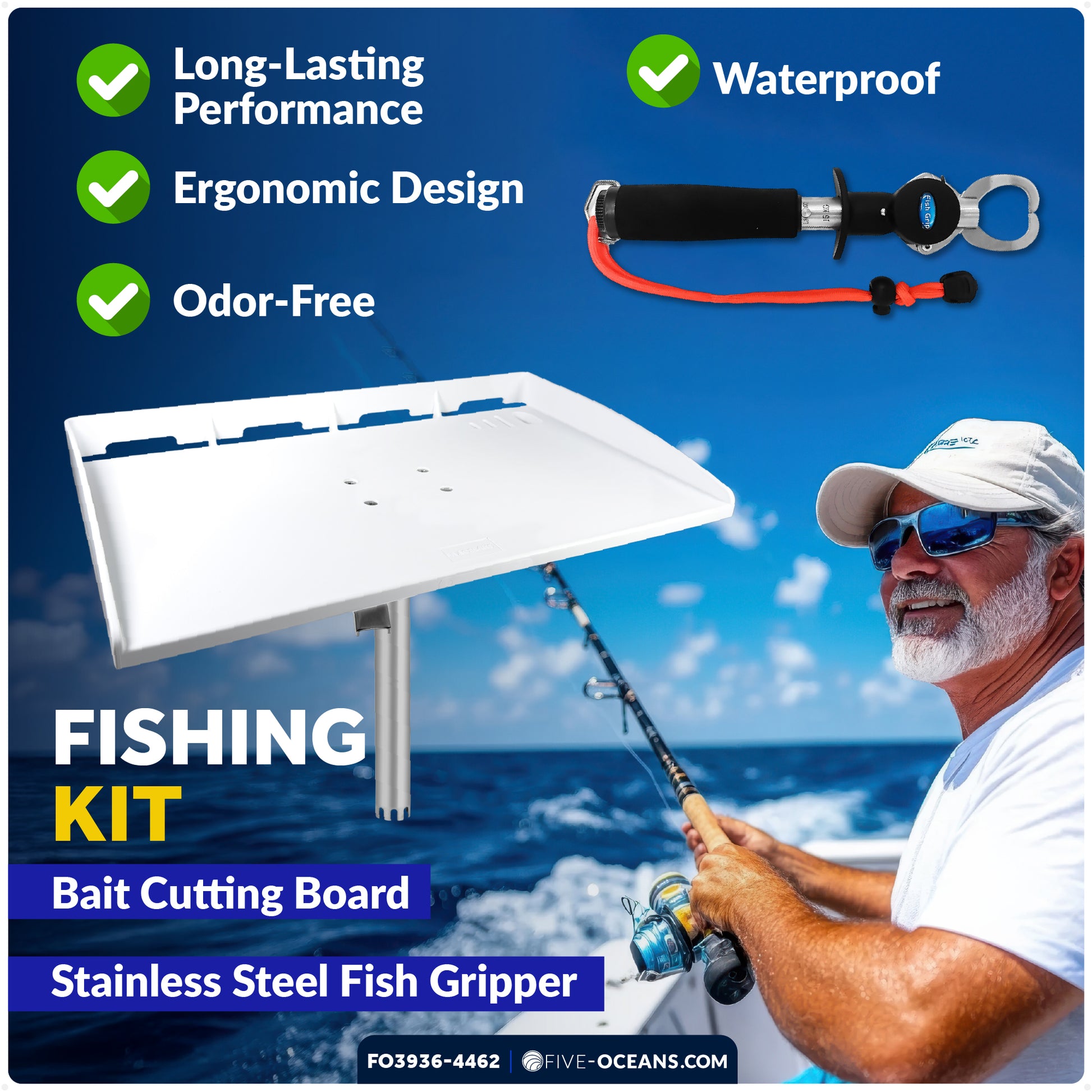 Premium Bait Cutting Board Rod Holder Mount & Stainless Steel Fish Gripper Fishing Set - FO3936-4462 - Five Oceans