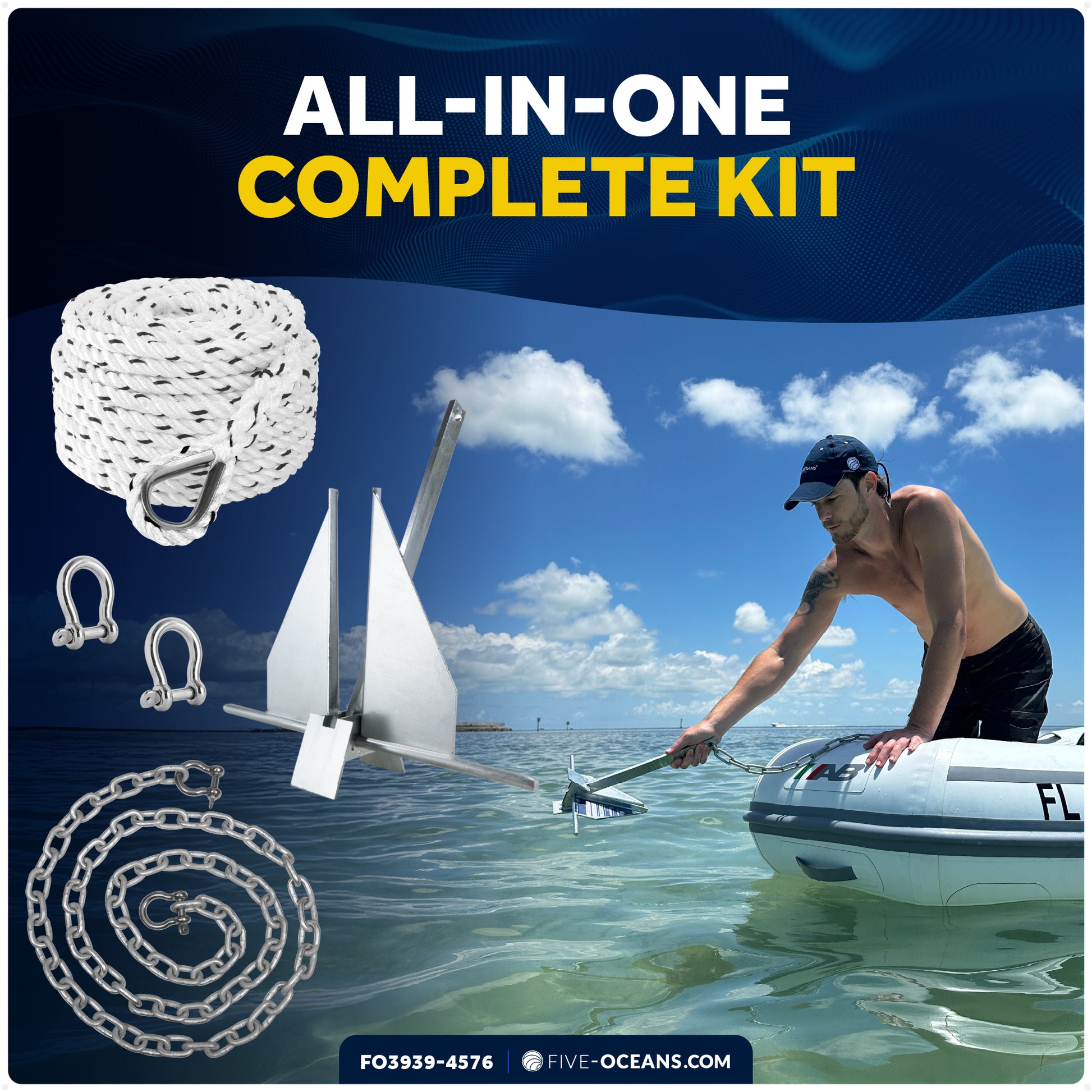 4 Lb Boat Fluke Anchor Kit, Hot Dipped Galvanized, Rope, Chain and Shackle - FO3939-4576 - Five Oceans