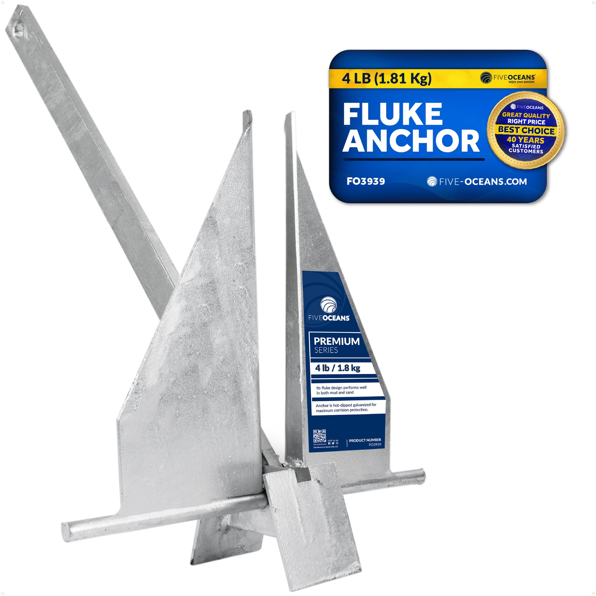 4 Lb Fluke Anchor, Hot Dipped Galvanized Steel - FO3939 - Five Oceans