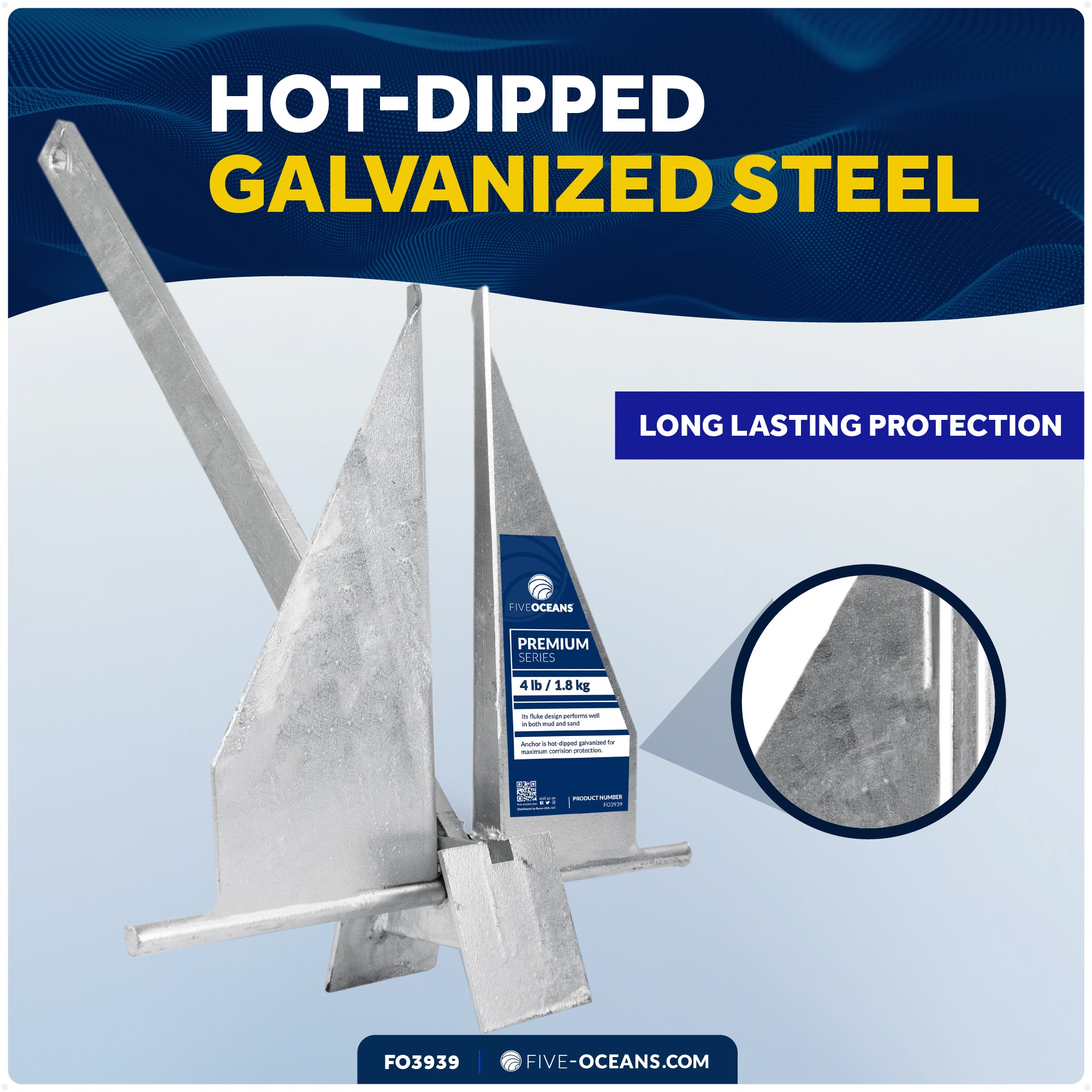 4 Lb Fluke Anchor, Hot Dipped Galvanized Steel - FO3939 - Five Oceans