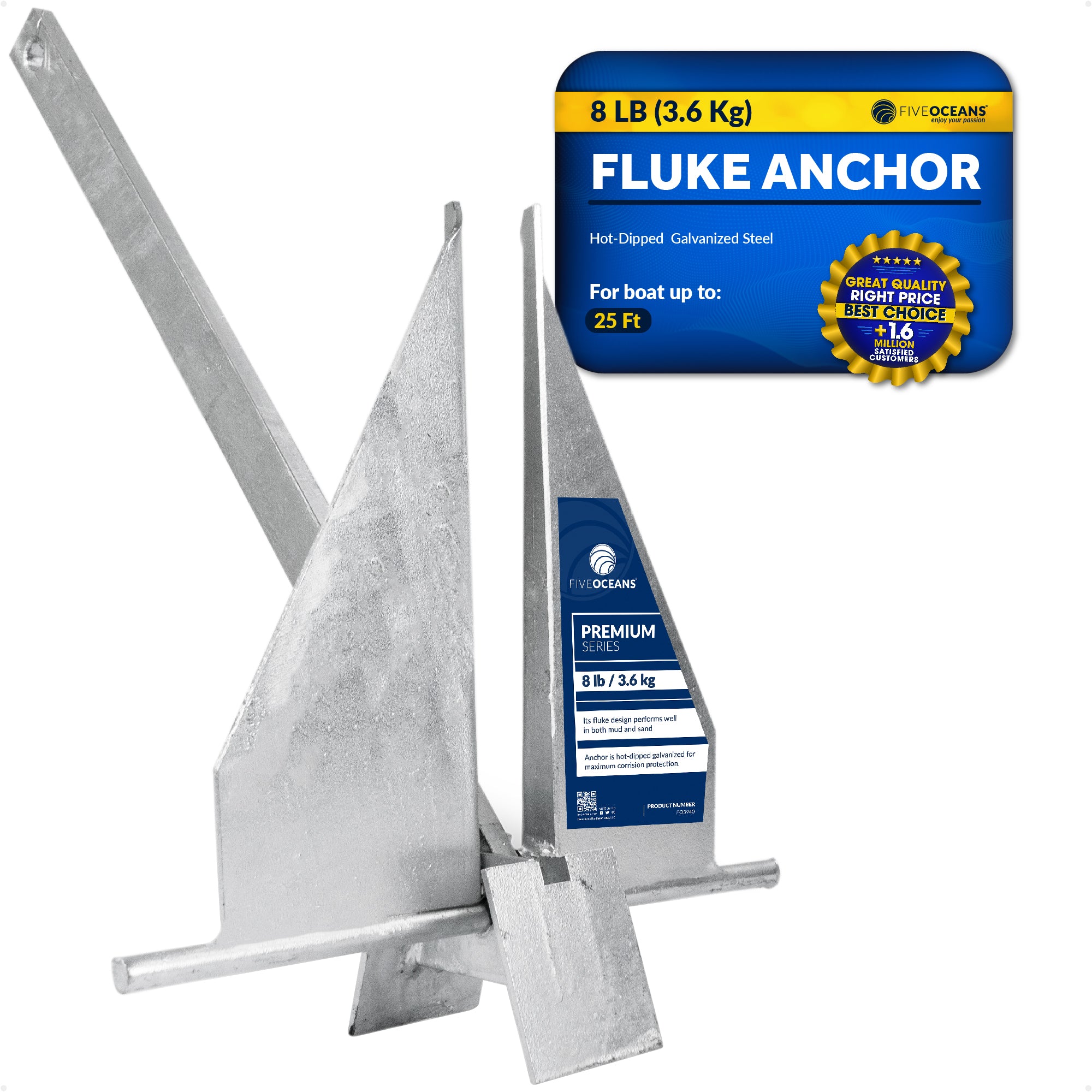 8 Lb Fluke Anchor, Hot Dipped Galvanized Steel - FO3940 - Five Oceans