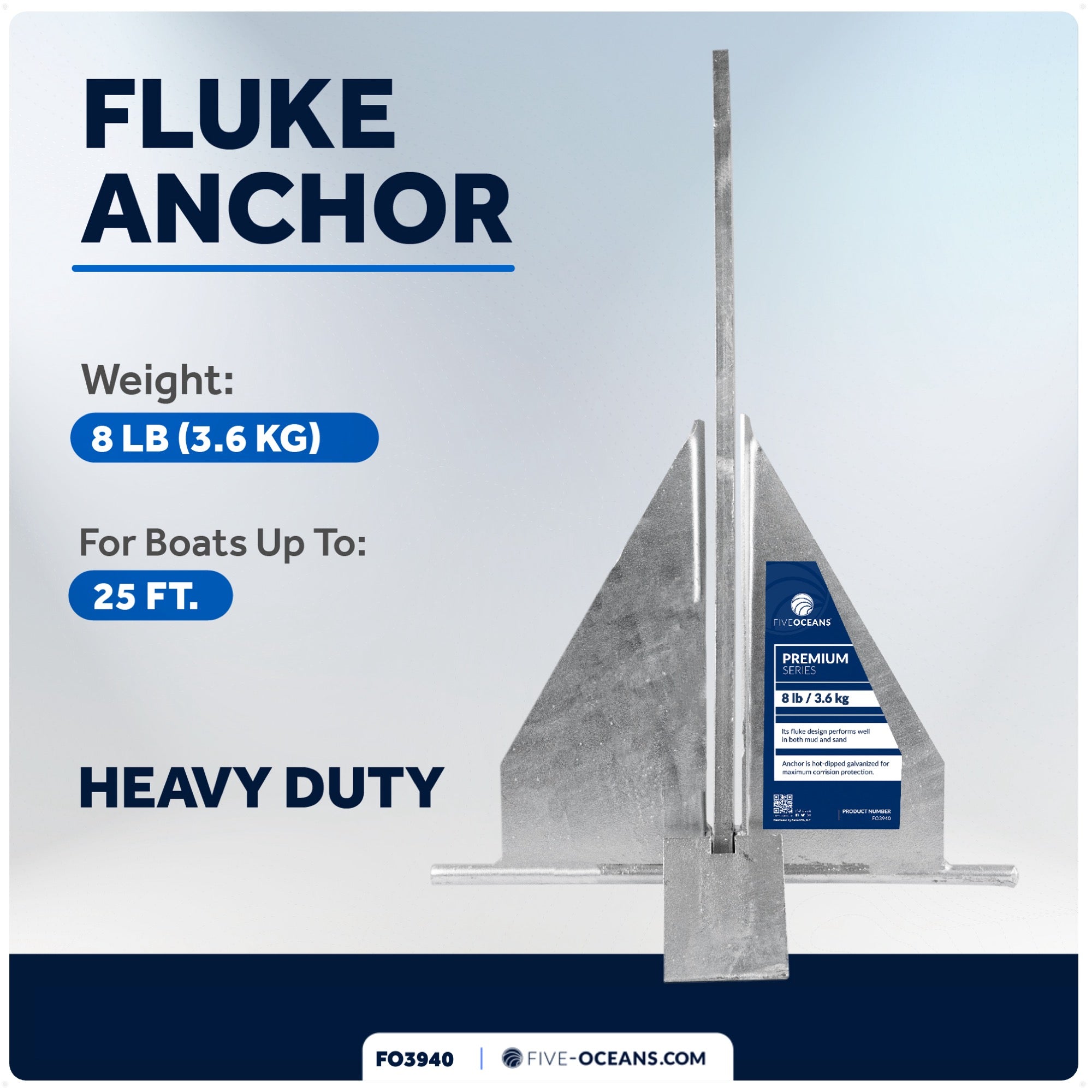 8 Lb Fluke Anchor, Hot Dipped Galvanized Steel - FO3940 - Five Oceans