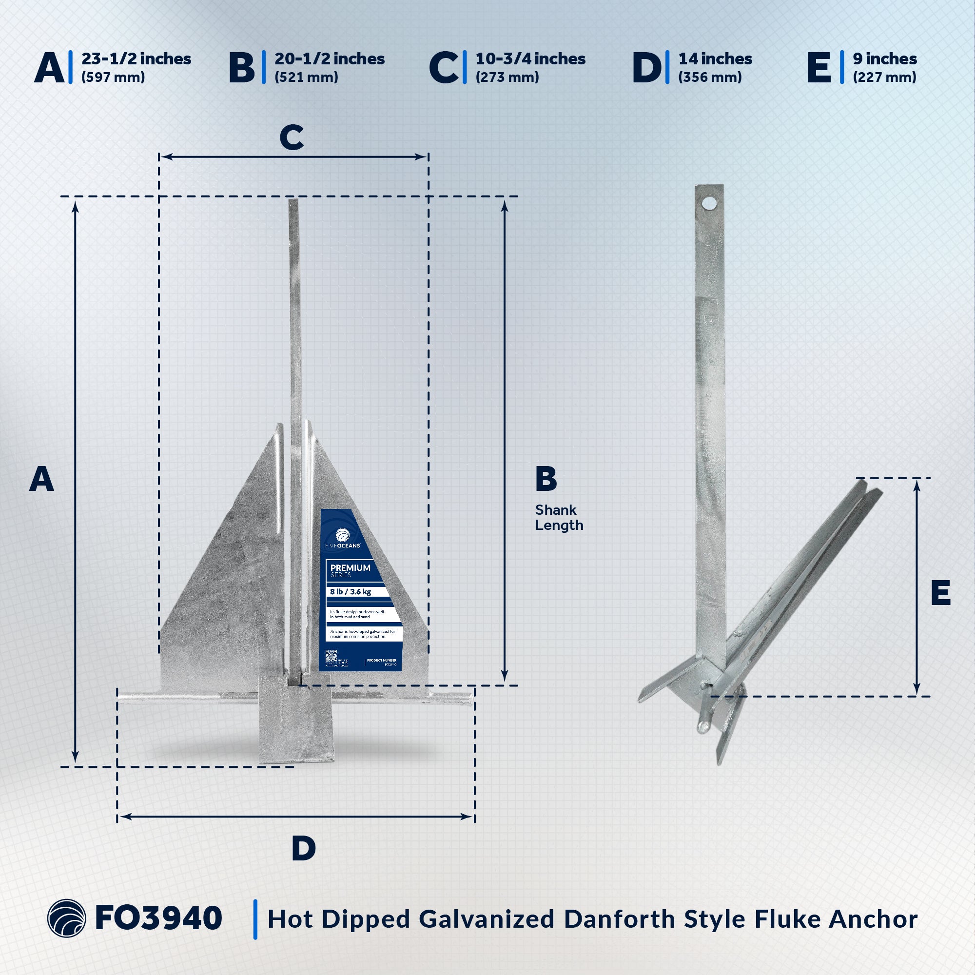 8 Lb Fluke Anchor, Hot Dipped Galvanized Steel - FO3940 - Five Oceans