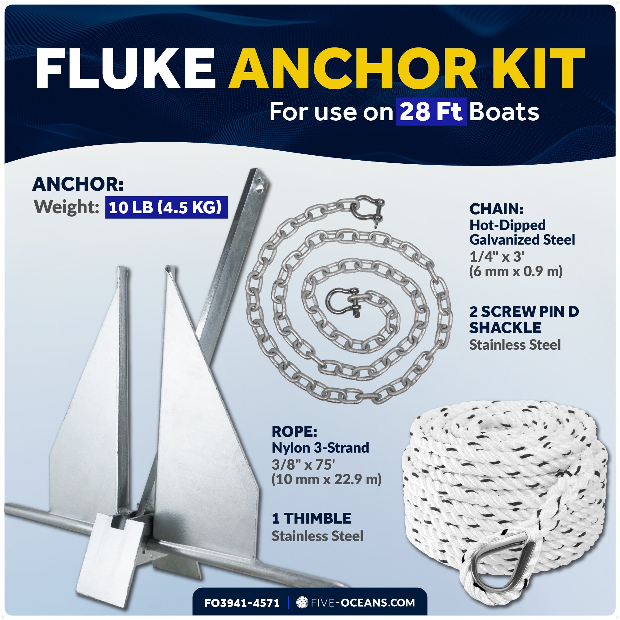 10 Lb Boat Fluke Anchor Kit, Hot Dipped Galvanized, Rope, Chain and Shackle - FO3941-4571 - Five Oceans