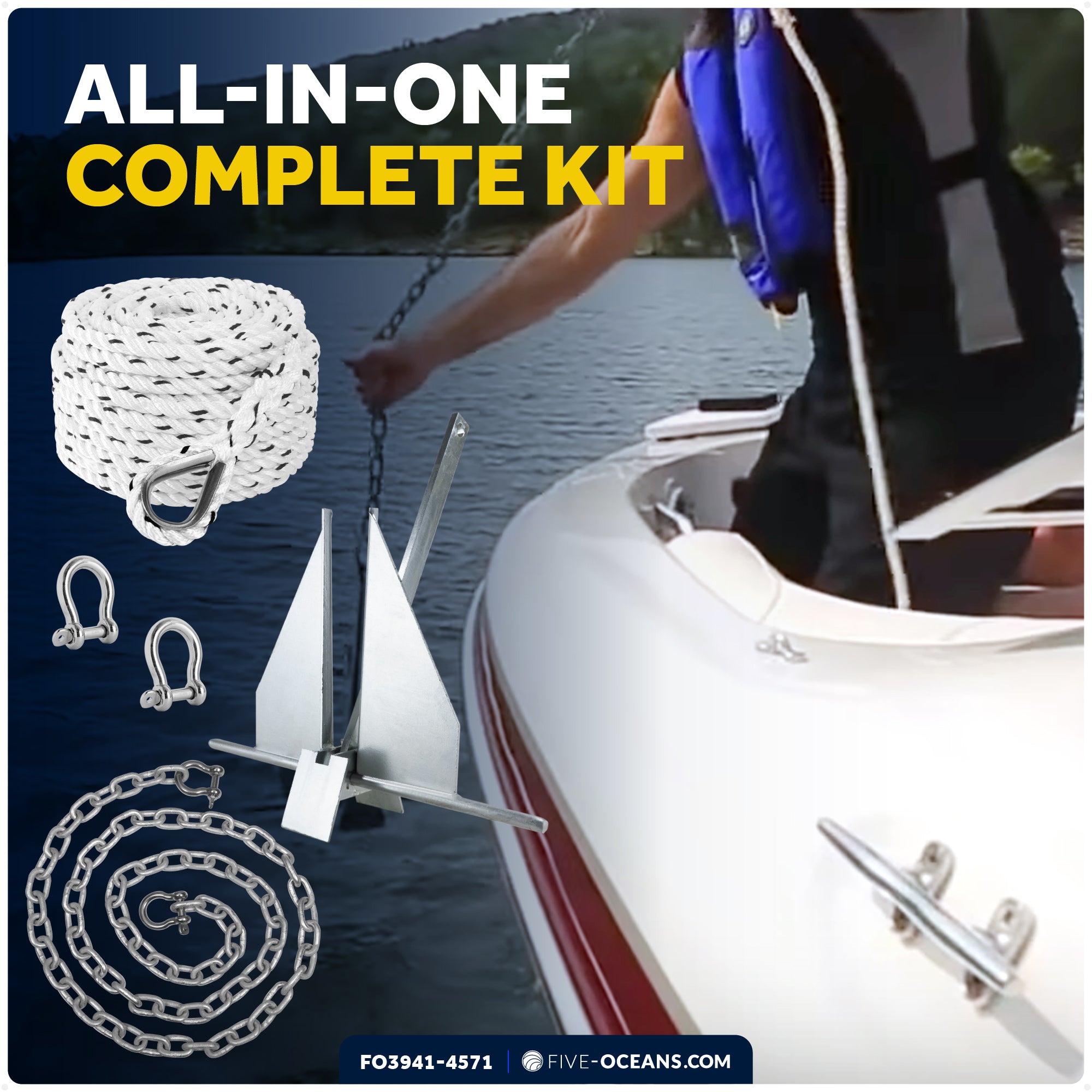 10 Lb Boat Fluke Anchor Kit, Hot Dipped Galvanized, Rope, Chain and Shackle - FO3941-4571 - Five Oceans