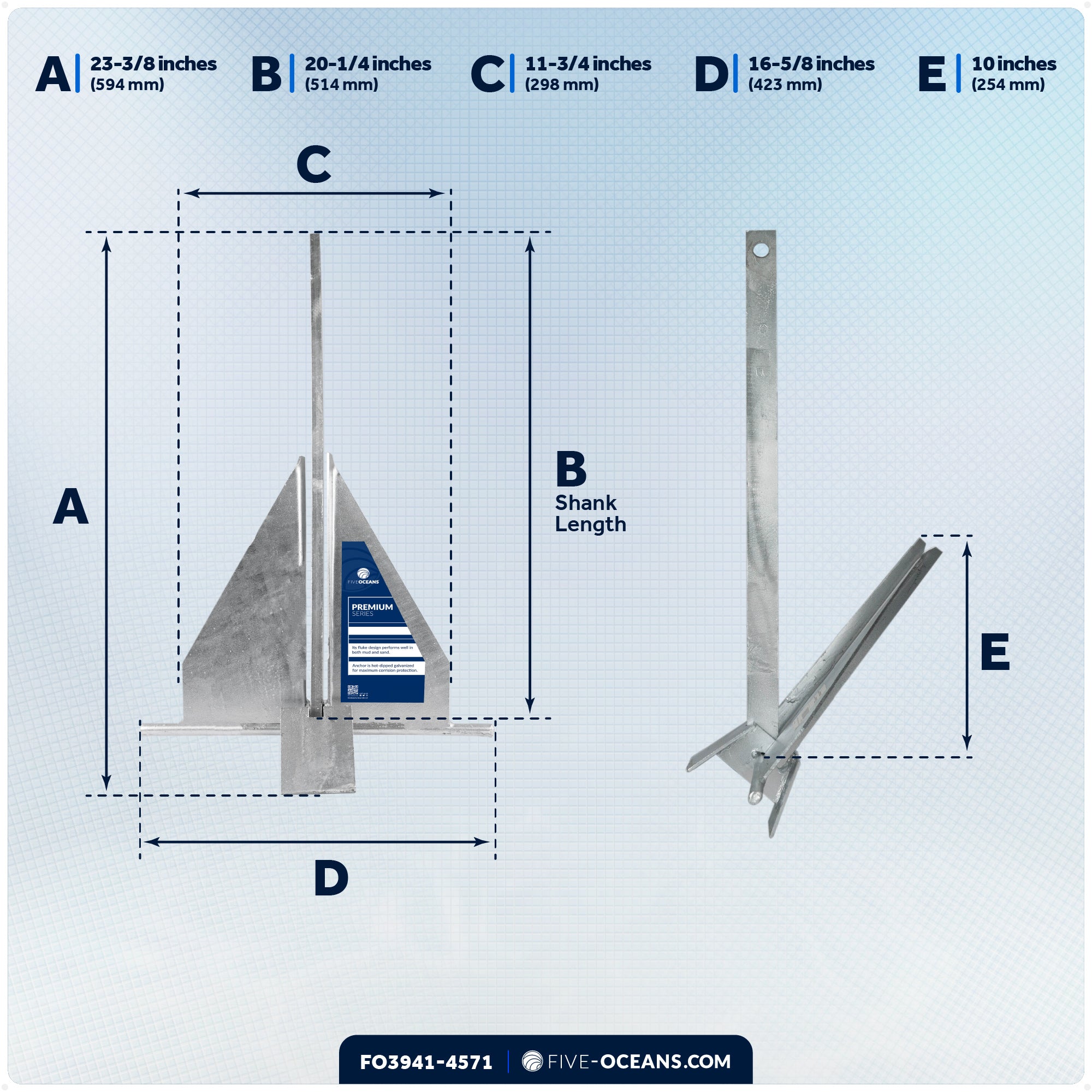 10 Lb Boat Fluke Anchor Kit, Hot Dipped Galvanized, Rope, Chain and Shackle - FO3941-4571 - Five Oceans