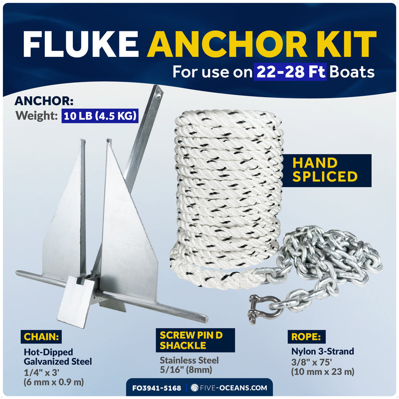 10 lb Fluke Anchor Kit - Hand-Spliced Rope & Chain