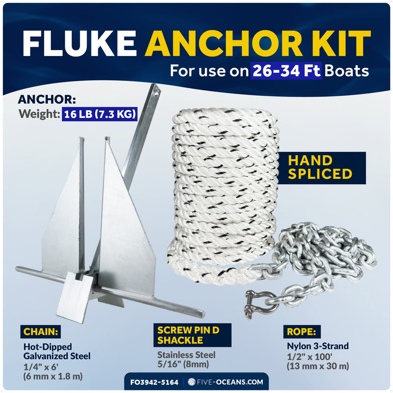 16 lb Fluke Anchor Kit - Hand-Spliced Rope & Chain
