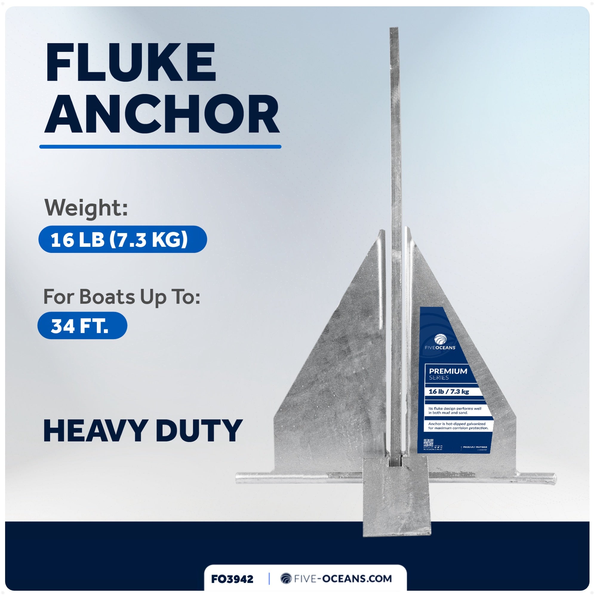 16 Lb Fluke Anchor, Hot Dipped Galvanized Steel - FO3942 - Five Oceans