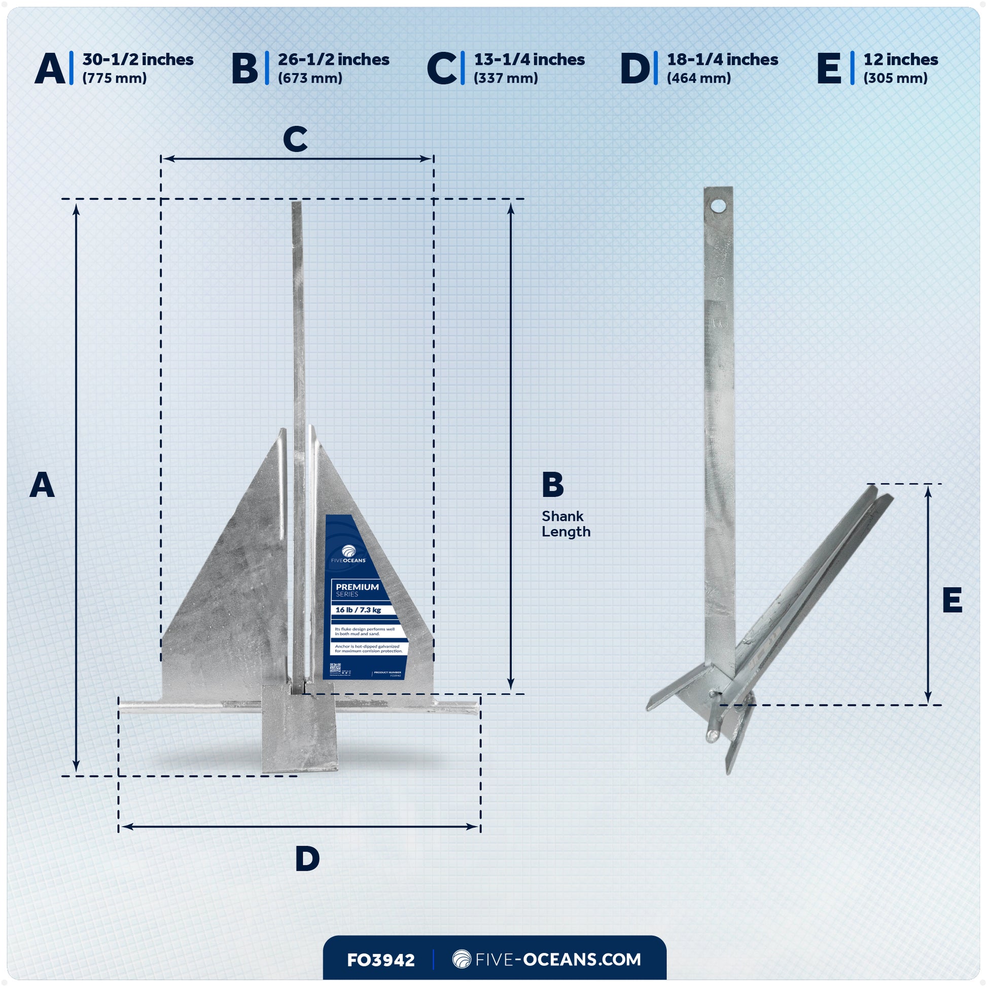 16 Lb Fluke Anchor, Hot Dipped Galvanized Steel - FO3942 - Five Oceans