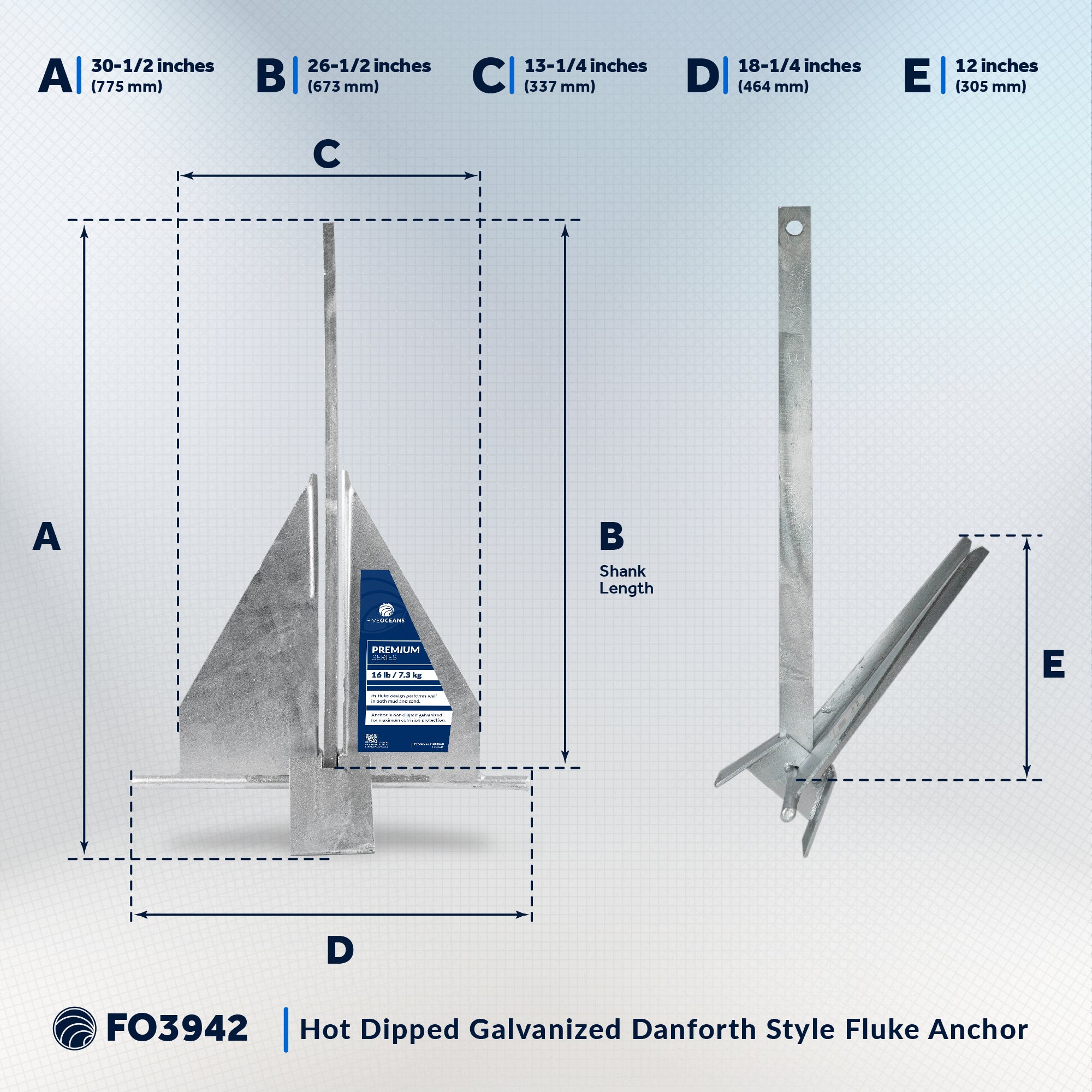 16 Lb Fluke Anchor, Hot Dipped Galvanized Steel - FO3942 - Five Oceans