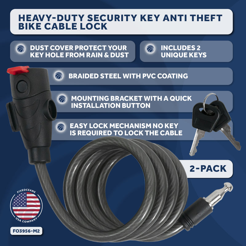 4' Keyed Bike Cable Lock with Mounting Bracket, 2-Pack - FO3956-M2 - Five Oceans