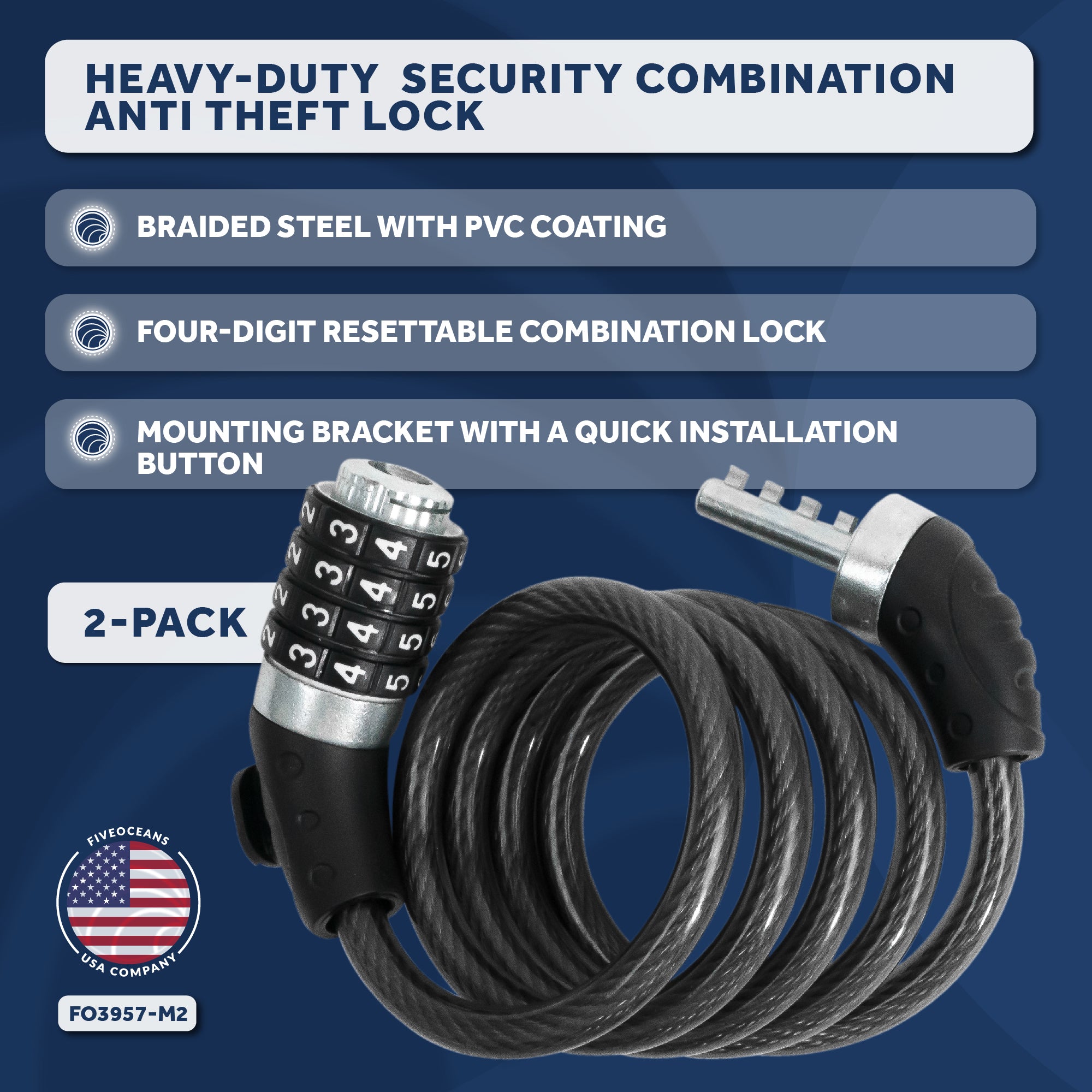 4' Bike Cable Lock with Combination Anti Theft, 2-Pack - FO3957-M2 - Five Oceans