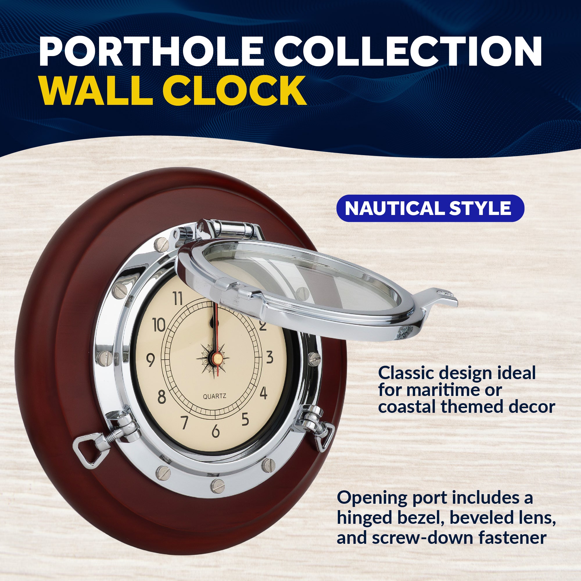 Porthole Collection Wall Nautical Tambour Clock - FO3985 - Five Oceans