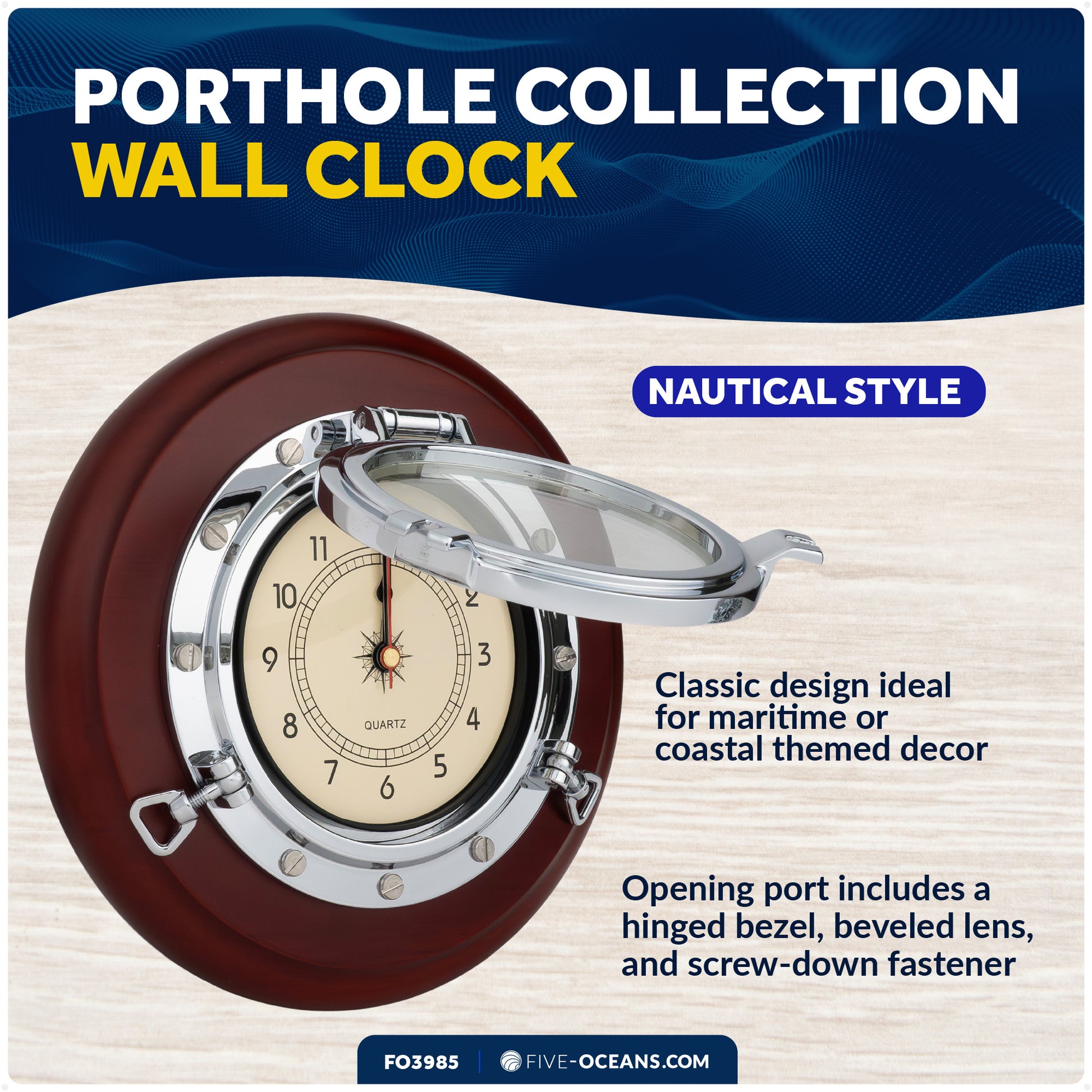 Porthole Collection Wall Nautical Tambour Clock - FO3985 - Five Oceans