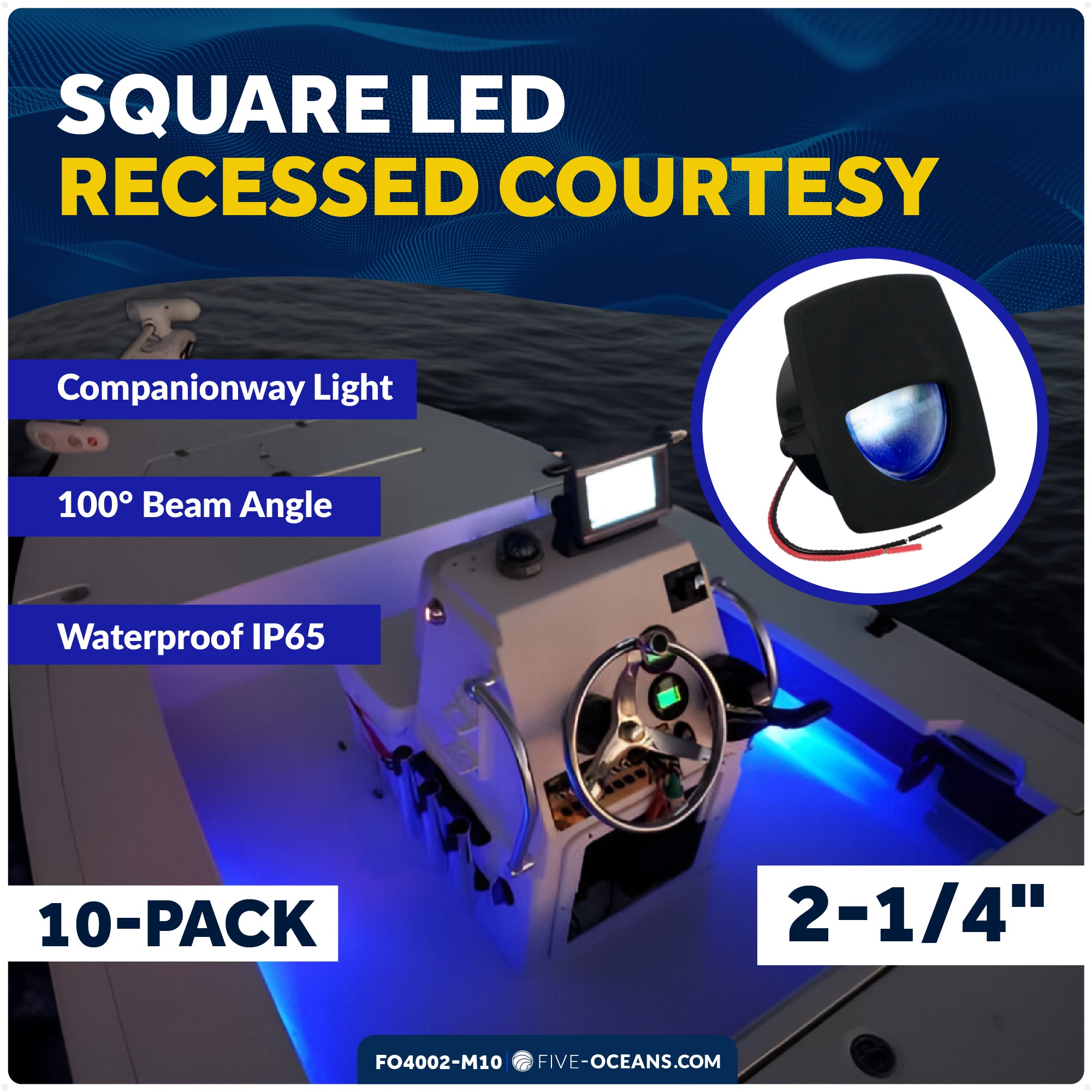 2-1/4" Square LED Recessed Courtesy / Companionway Light, Black Housing, Blue, 12V, 10-Pack - FO4002-M10