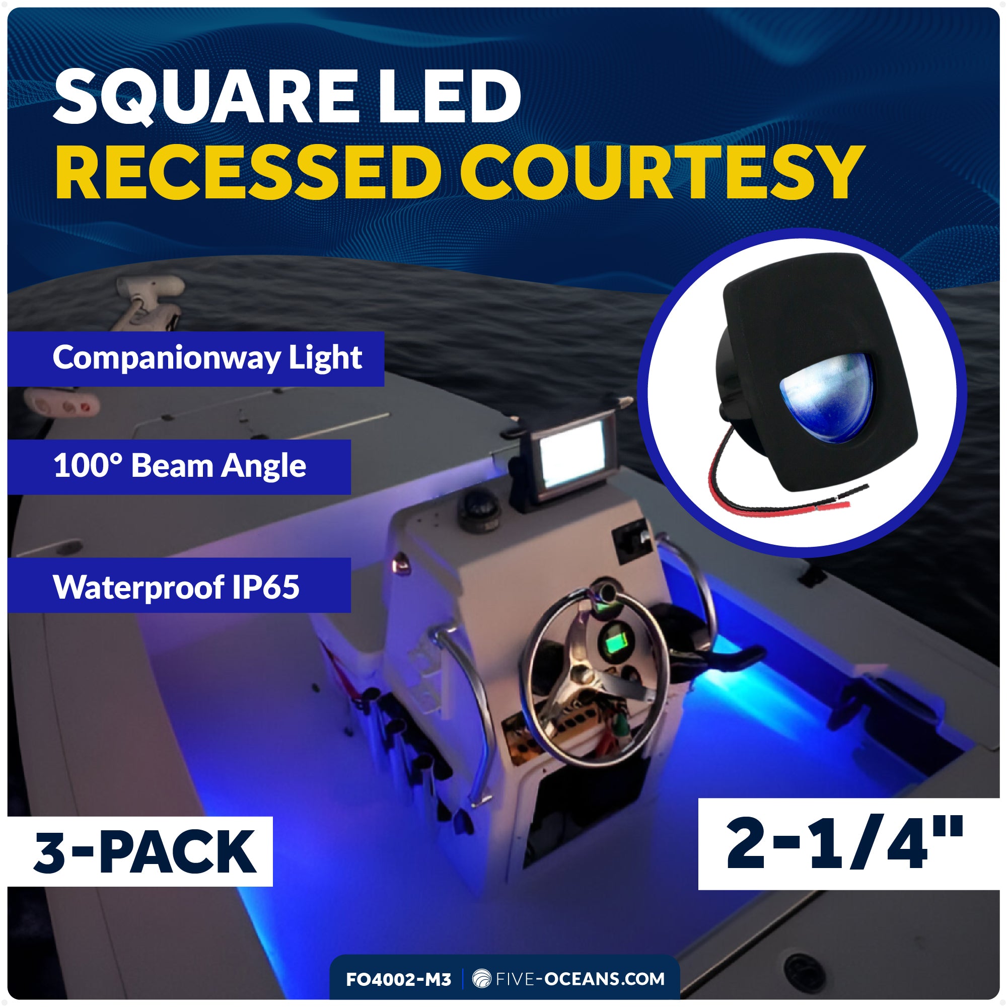 2-1/4" Square LED Recessed Courtesy / Companionway Light, Black Housing, Blue, 12V, 3-Pack - FO4002-M3