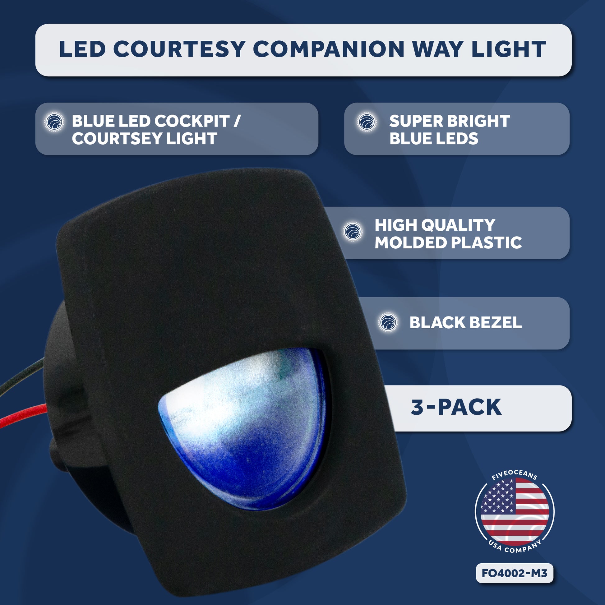 2-1/4" Square Courtesy Companion Way Light, Black Housing, Blue LED, 3-Pack - FO4002-M3 - Five Oceans