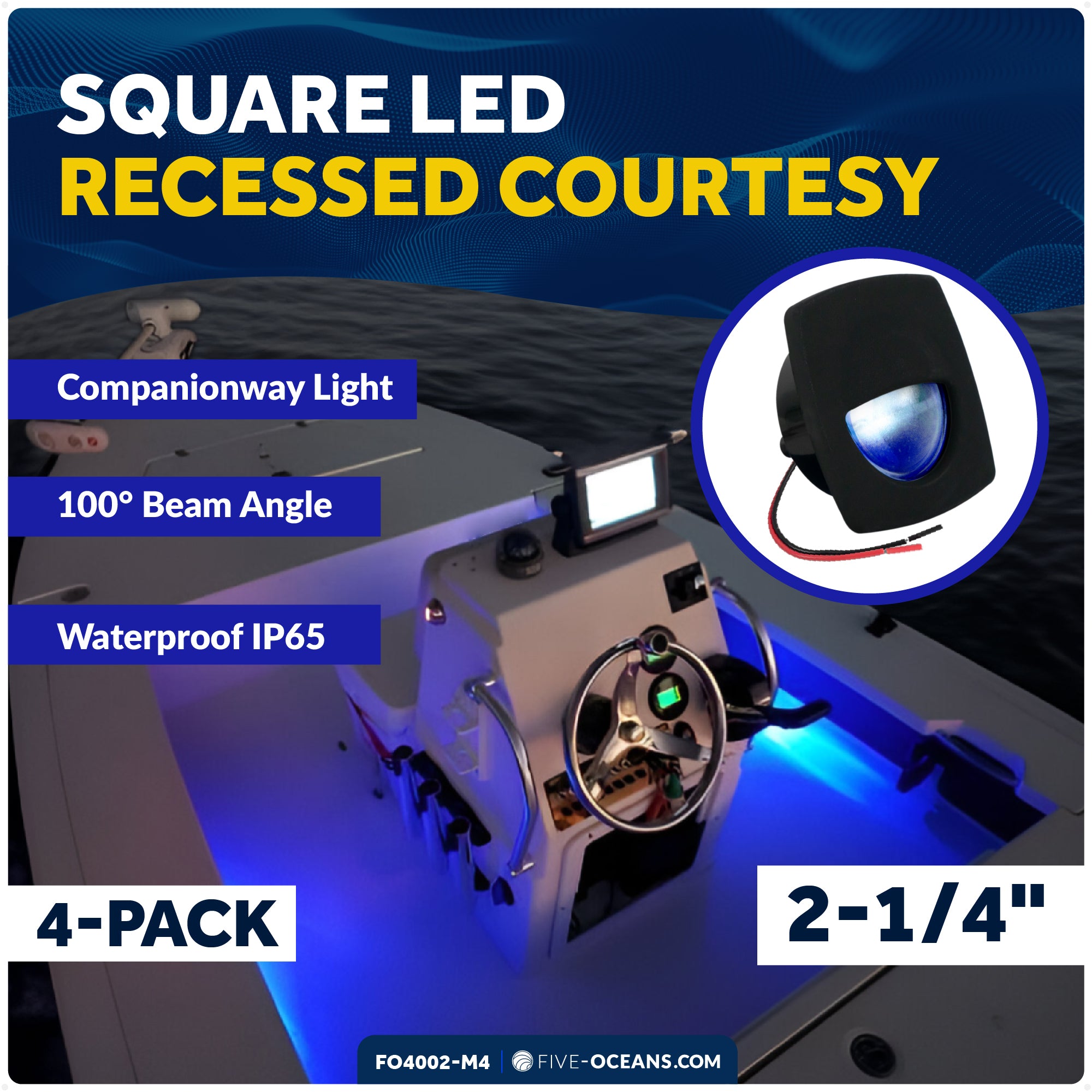2-1/4" Square LED Recessed Courtesy / Companionway Light, Black Housing, Blue, 12V, 4-Pack - FO4002-M4