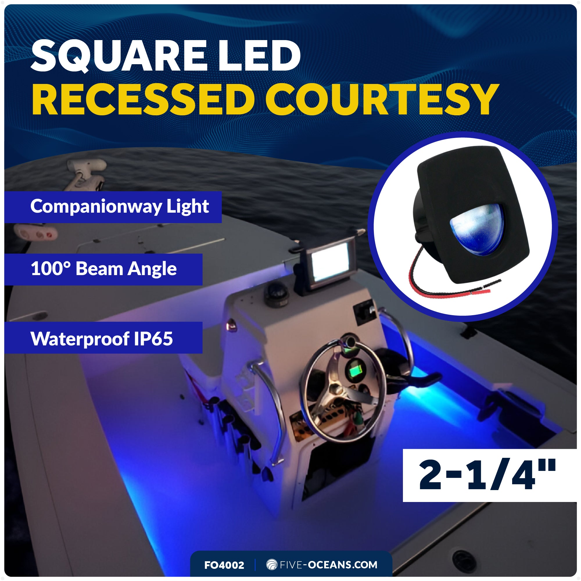 2-1/4" Square LED Recessed Courtesy / Companionway Light, Black Housing, Blue, 12V - FO4002