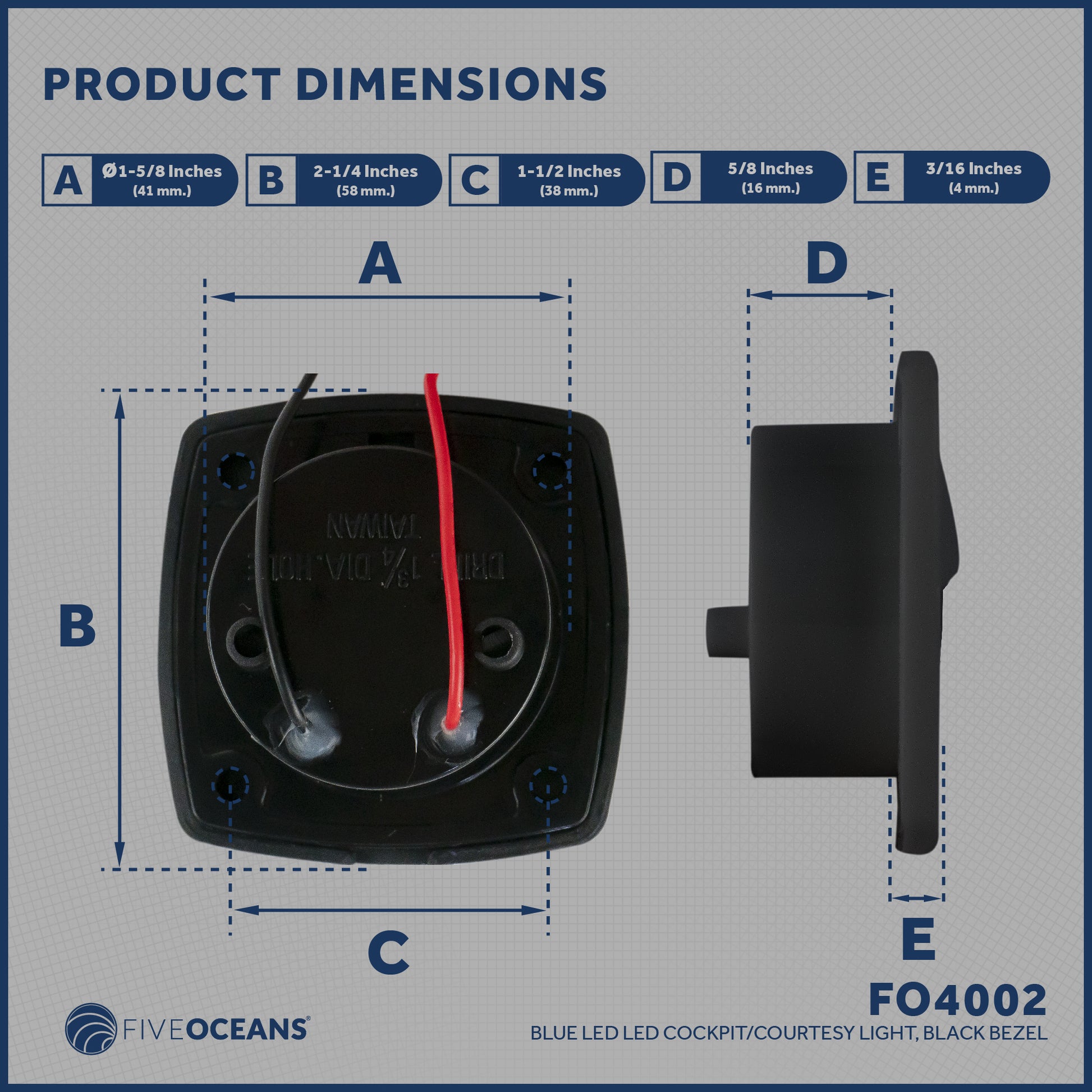 2-1/4" Square Courtesy Companion Way Light, Black Housing, Blue LED - FO4002 - Five Oceans