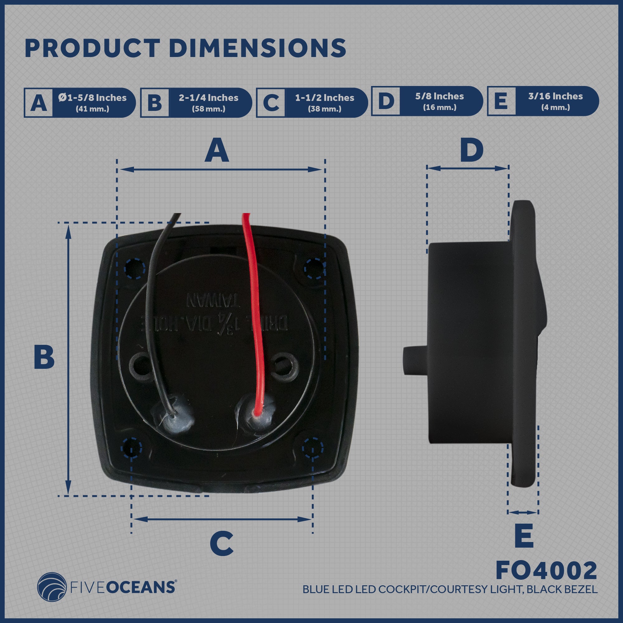 2-1/4" Square Courtesy Companion Way Light, Black Housing, Blue LED - FO4002 - Five Oceans